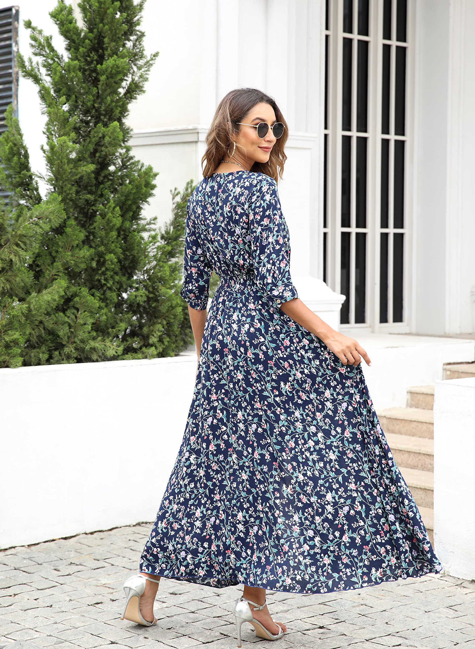 VintageClothing Women's Floral Maxi Dresses with Sleeves Flowy Boho Beach Dress - Image 3