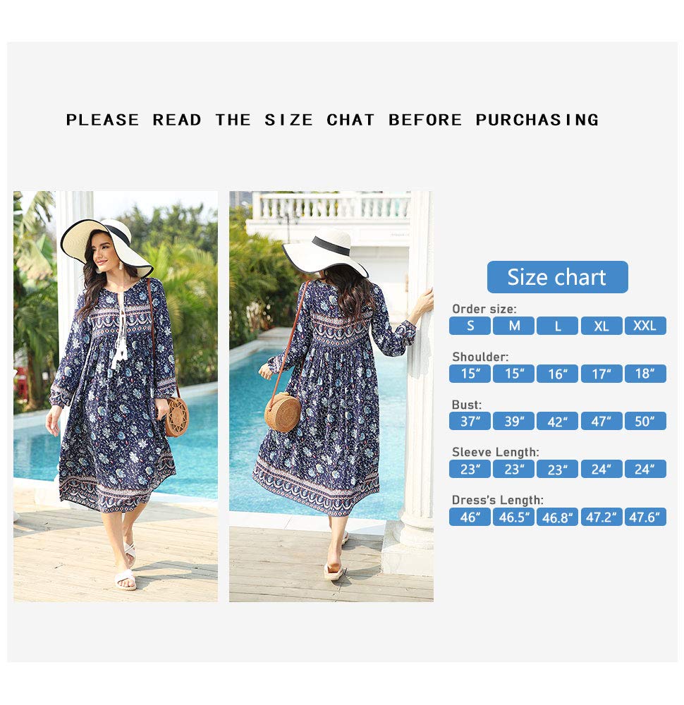 VintageClothing Women's Long Sleeve Bohemian Midi Dresses Summer Floral Retro V Neck Tassel Casual Dress - Image 6