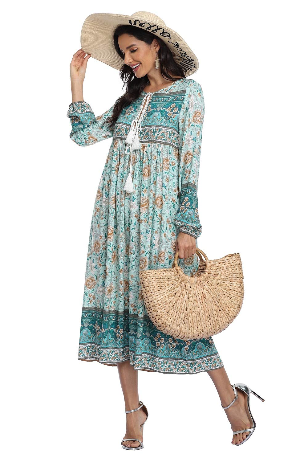 VintageClothing Women's Long Sleeve Bohemian Midi Dresses Summer Floral Retro V Neck Tassel Casual Dress - Image 3