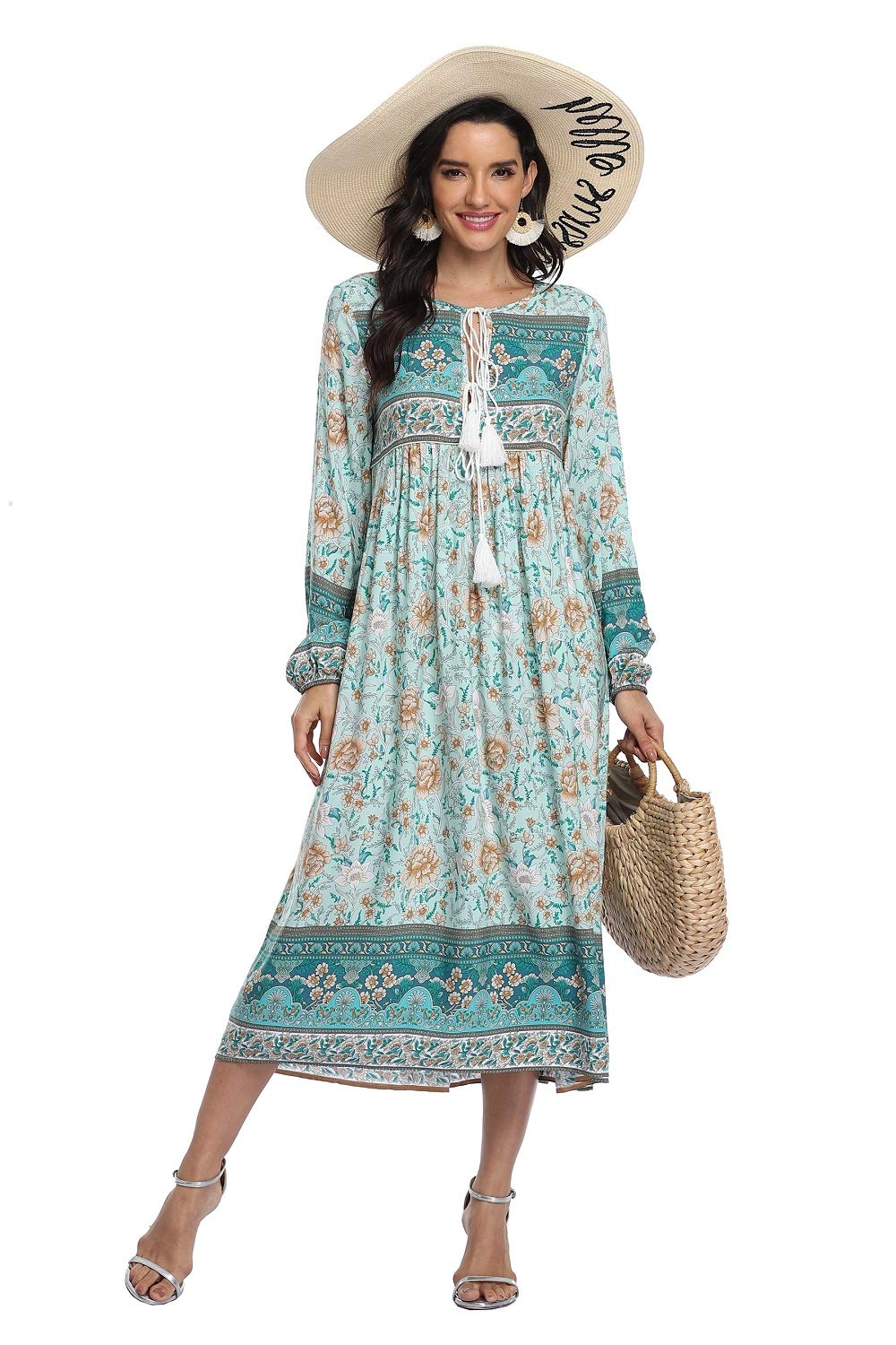 VintageClothing Women's Long Sleeve Bohemian Midi Dresses Summer Floral Retro V Neck Tassel Casual Dress - Image 4