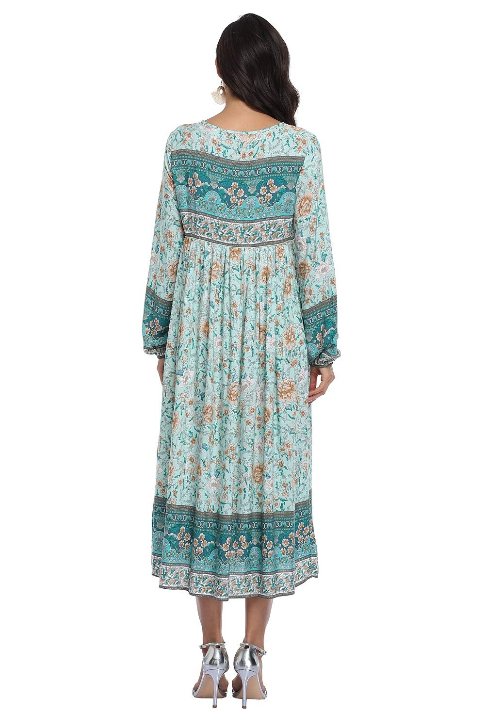 VintageClothing Women's Long Sleeve Bohemian Midi Dresses Summer Floral Retro V Neck Tassel Casual Dress - Image 5
