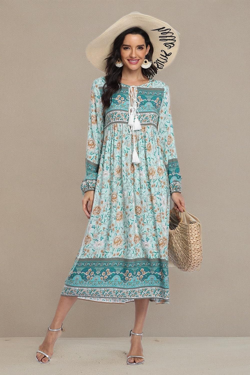 VintageClothing Women's Long Sleeve Bohemian Midi Dresses Summer Floral Retro V Neck Tassel Casual Dress - Image 7