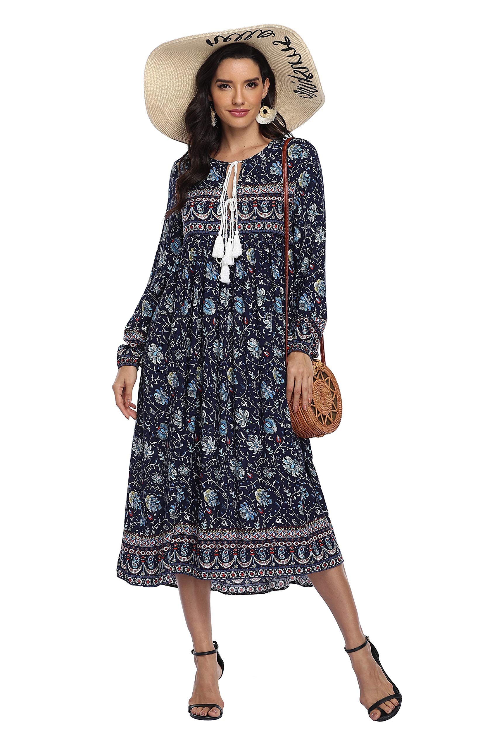 VintageClothing Women's Long Sleeve Bohemian Midi Dresses Summer Floral Retro V Neck Tassel Casual Dress - Image 3