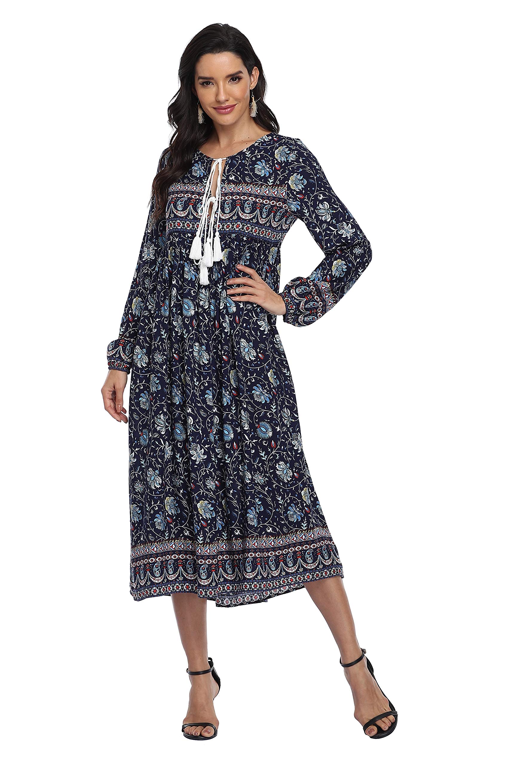VintageClothing Women's Long Sleeve Bohemian Midi Dresses Summer Floral Retro V Neck Tassel Casual Dress - Image 4