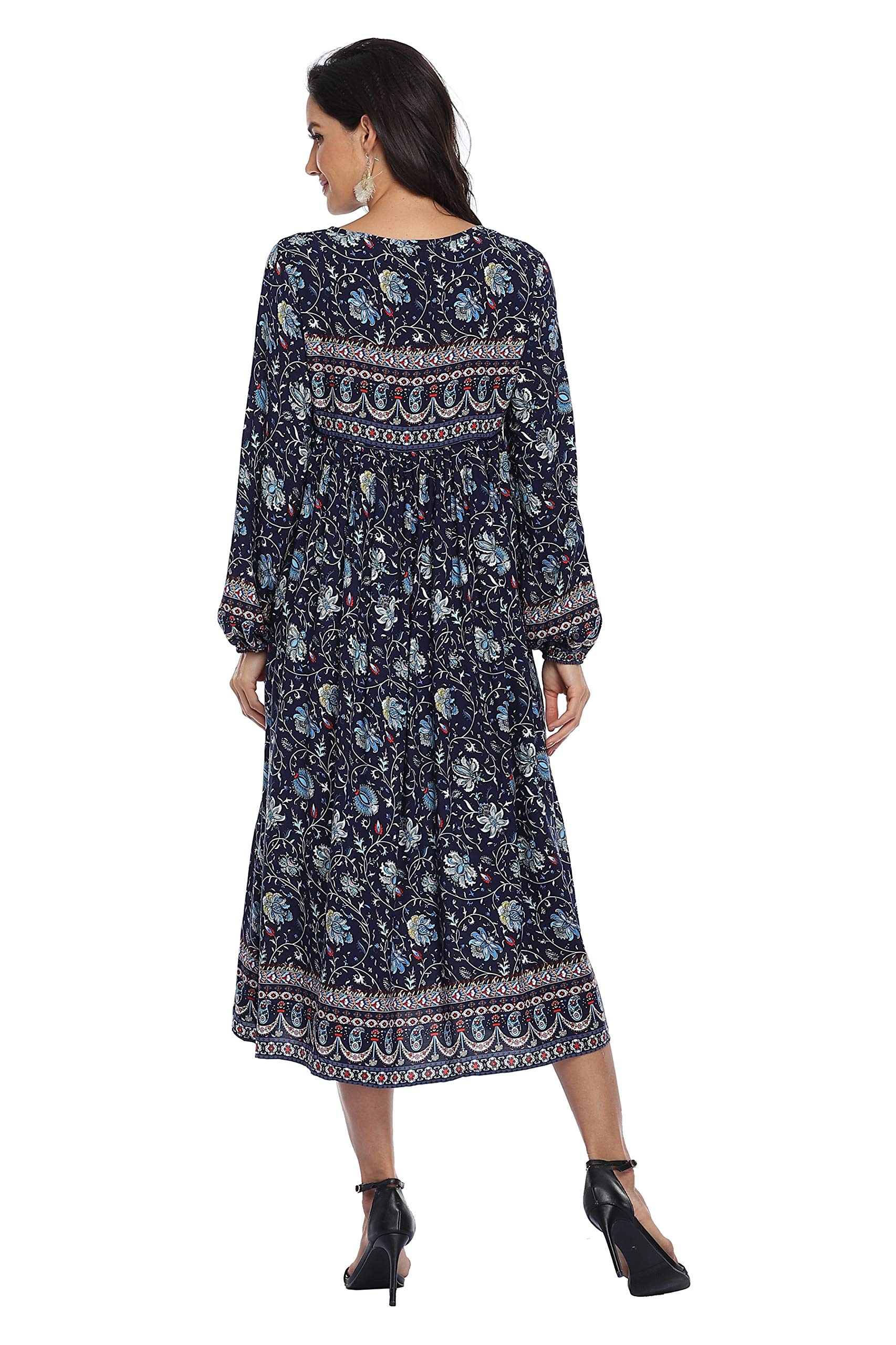 VintageClothing Women's Long Sleeve Bohemian Midi Dresses Summer Floral Retro V Neck Tassel Casual Dress - Image 5