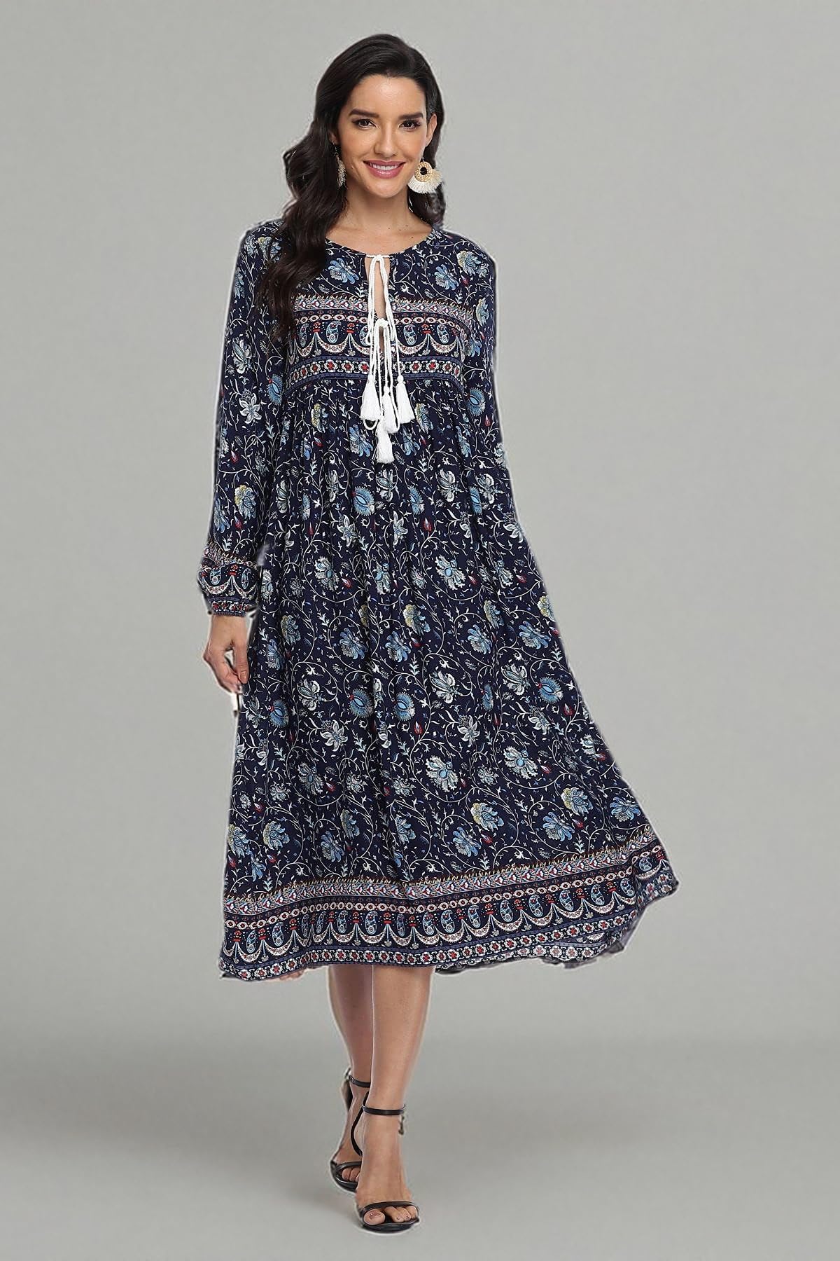 VintageClothing Women's Long Sleeve Bohemian Midi Dresses Summer Floral Retro V Neck Tassel Casual Dress - Image 7