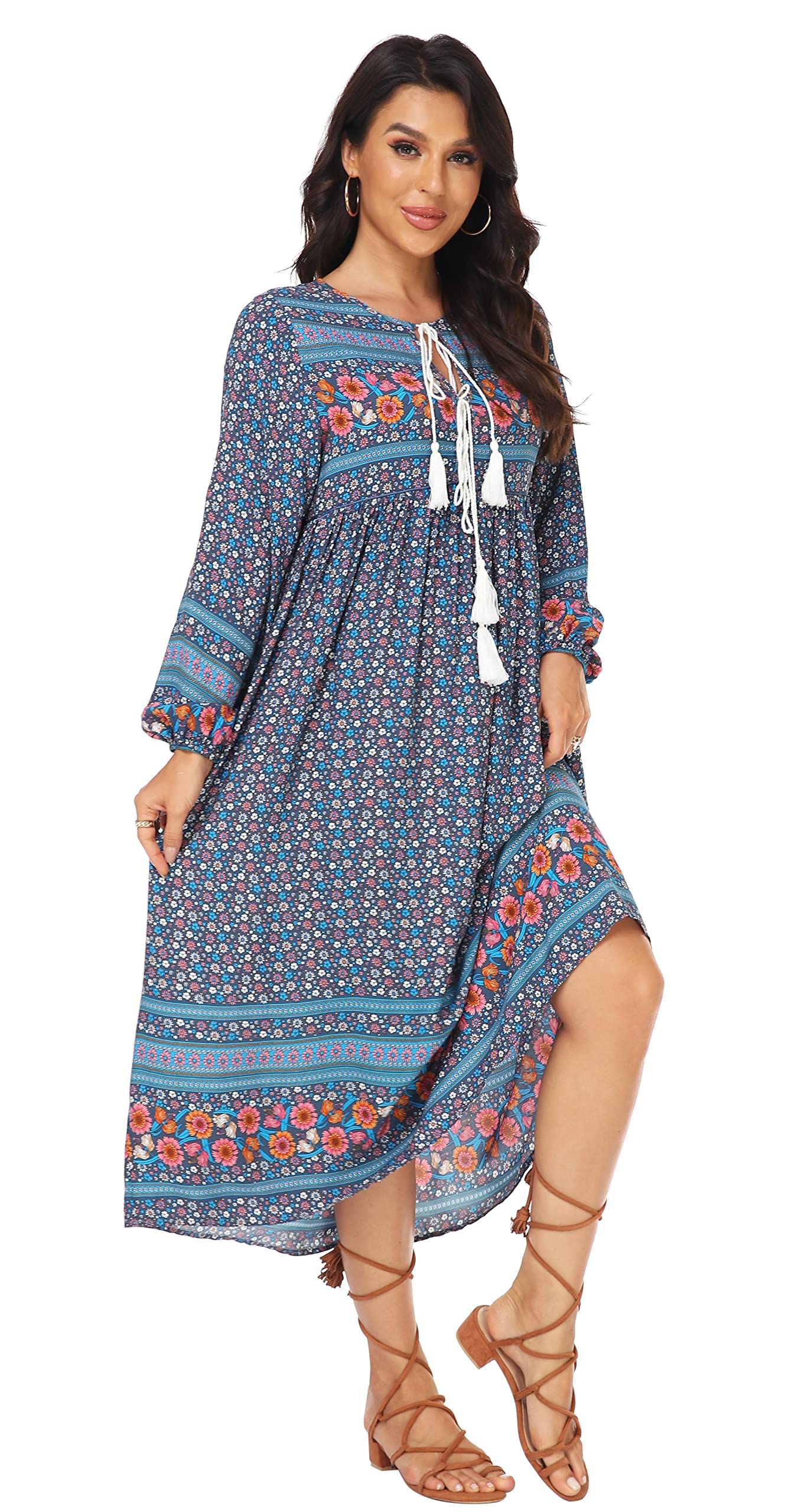VintageClothing Women's Long Sleeve Bohemian Midi Dresses Summer Floral Retro V Neck Tassel Casual Dress - Image 3