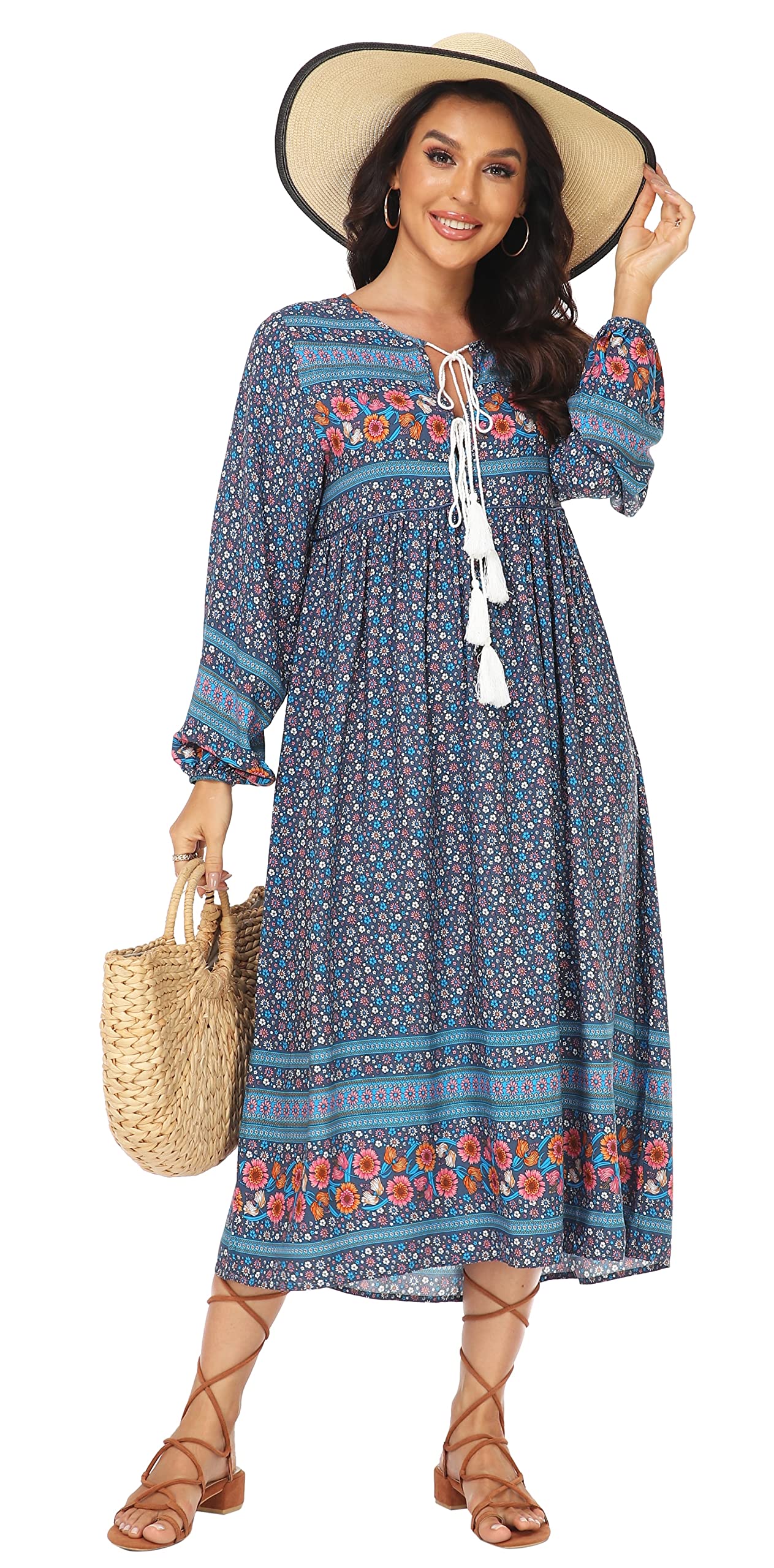VintageClothing Women's Long Sleeve Bohemian Midi Dresses Summer Floral Retro V Neck Tassel Casual Dress - Image 4