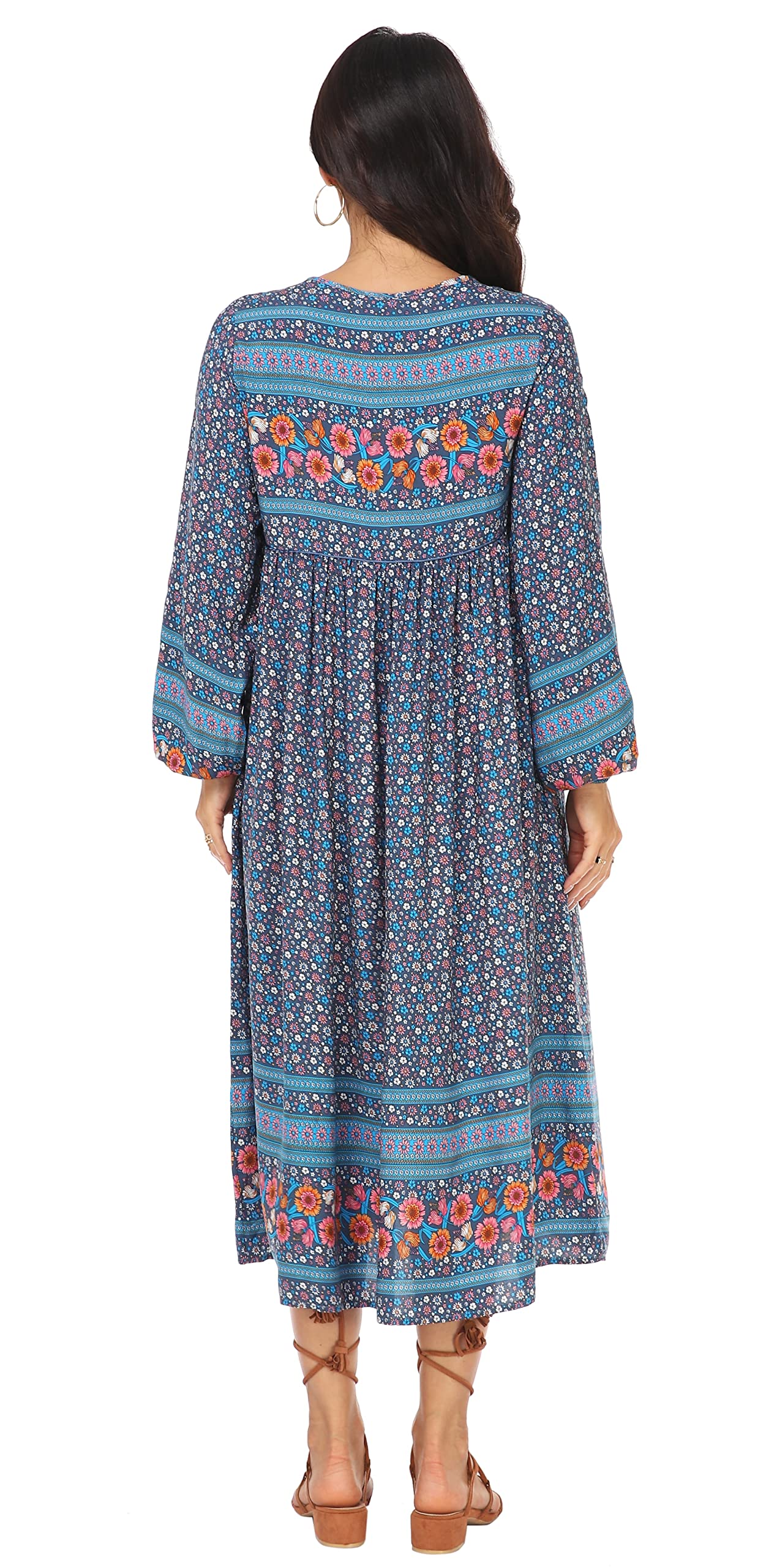 VintageClothing Women's Long Sleeve Bohemian Midi Dresses Summer Floral Retro V Neck Tassel Casual Dress - Image 5