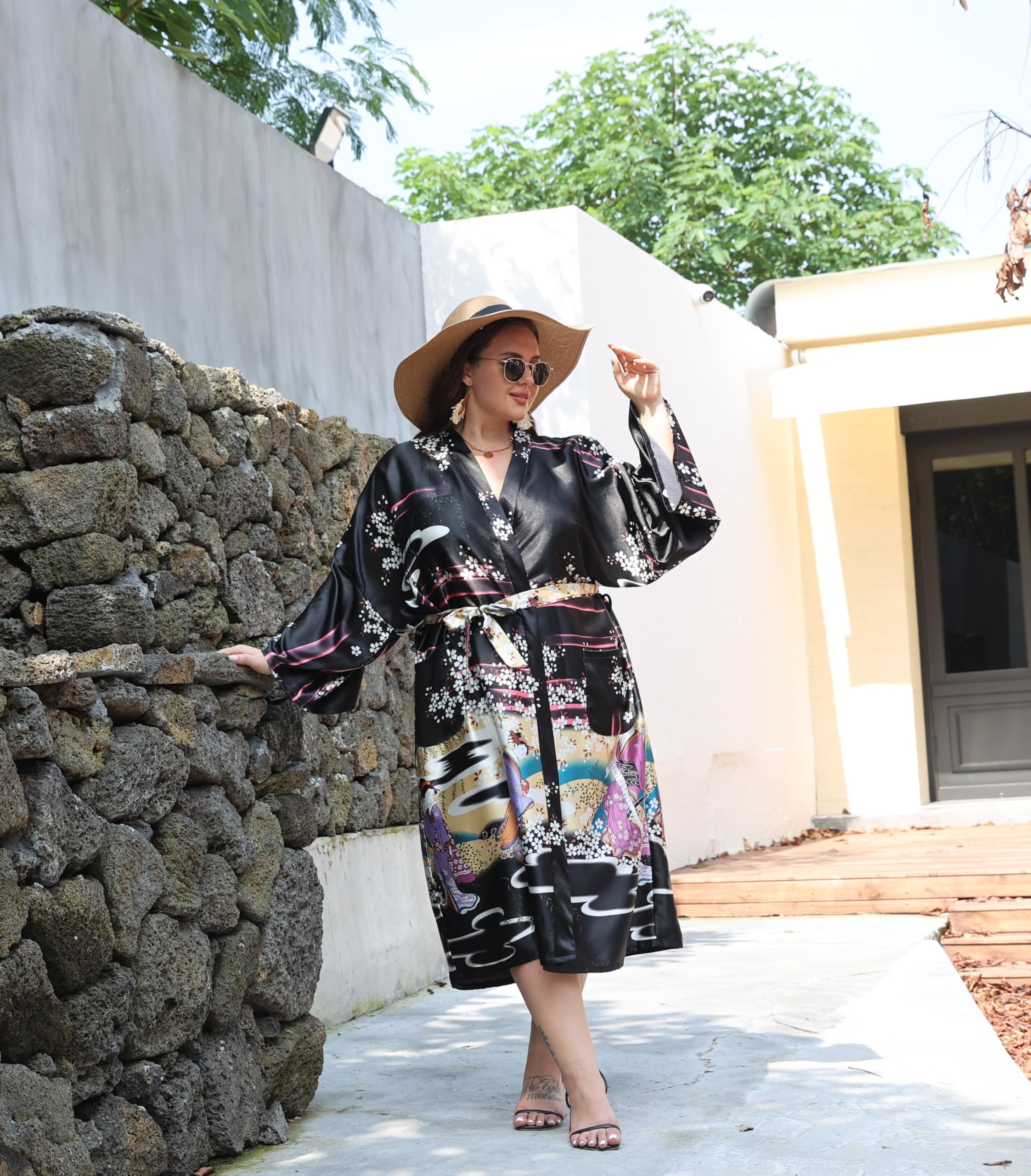 VintageClothing Women's Plus Size Satin Kimono Robes Long Floral Silky Loungewear Patterned Sleepwear Dressing Gown - Image 3