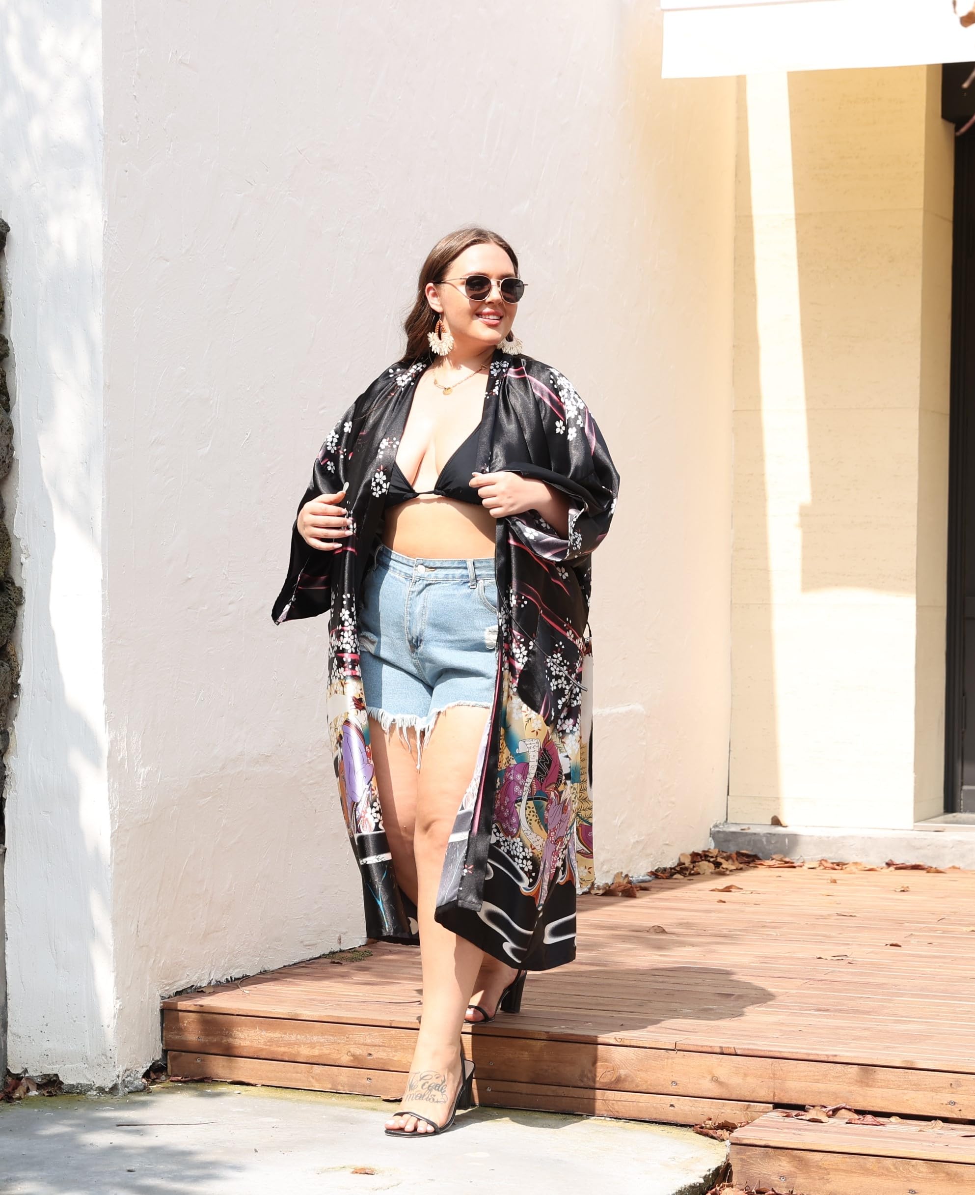 VintageClothing Women's Plus Size Satin Kimono Robes Long Floral Silky Loungewear Patterned Sleepwear Dressing Gown - Image 4