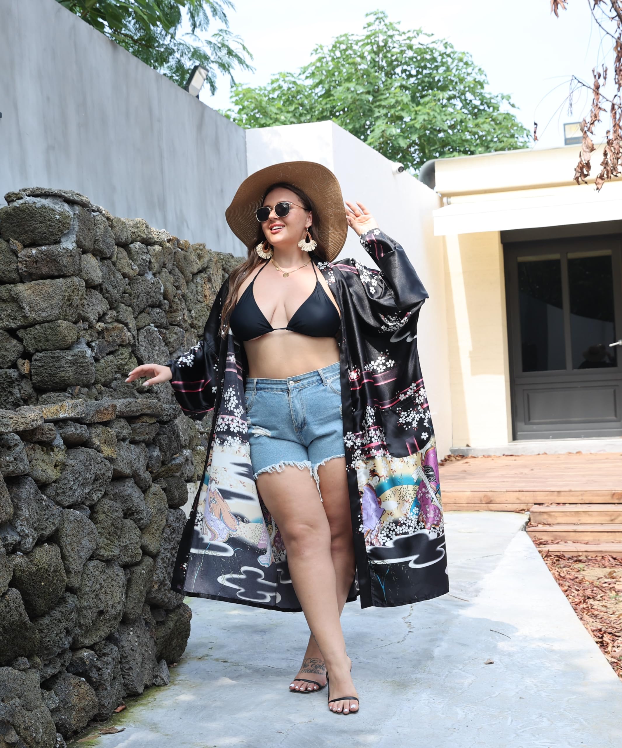 VintageClothing Women's Plus Size Satin Kimono Robes Long Floral Silky Loungewear Patterned Sleepwear Dressing Gown - Image 5