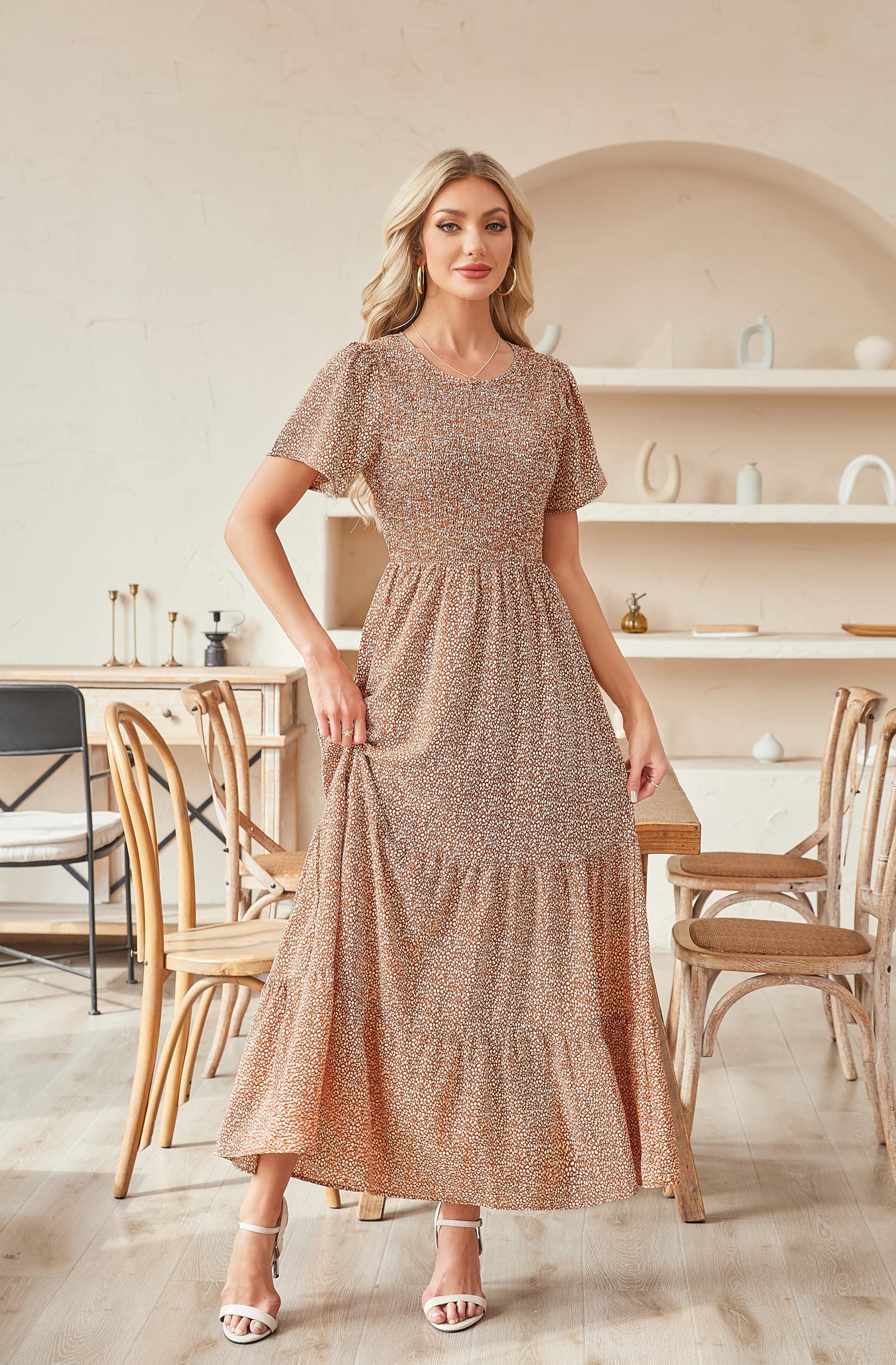 VintageClothing Women Summer Maxi Dresses 2026 Spring Boho Smocked Short Sleeve Crewneck Beach Vacation Flowy Dress - Image 6