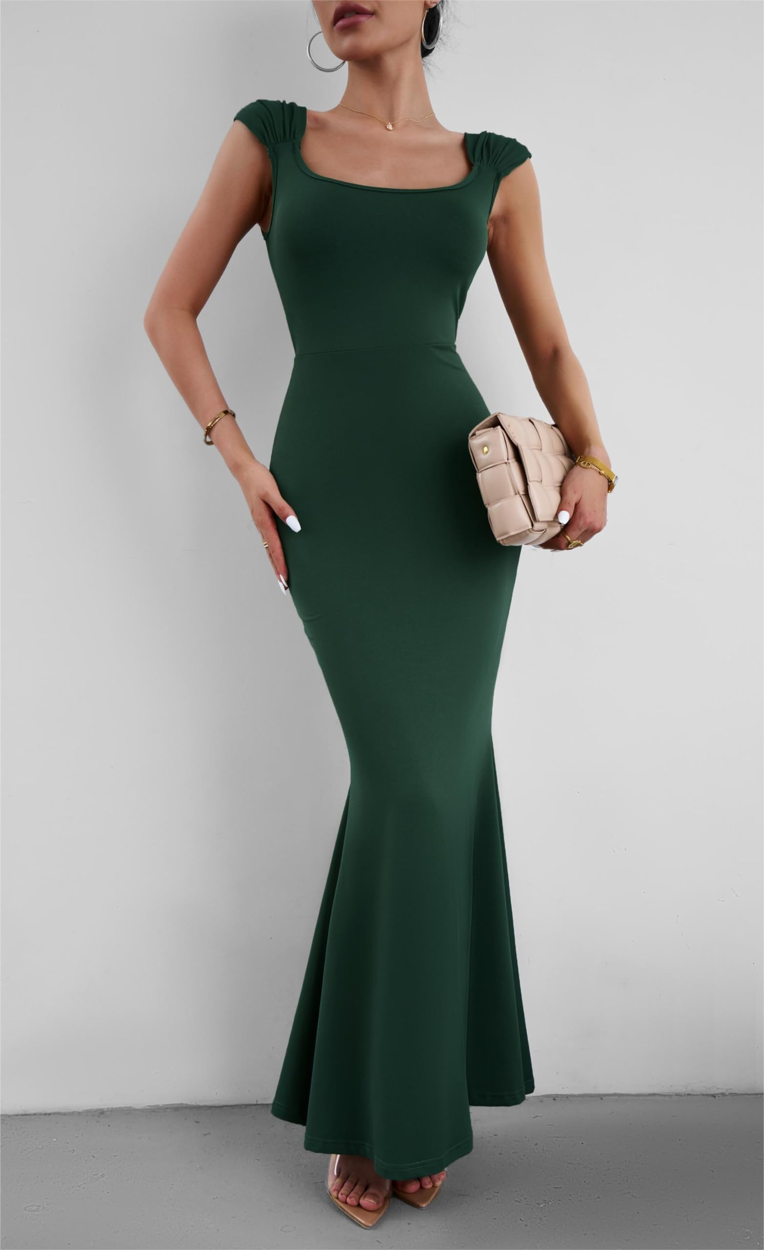 VintageClothing Womens Bodycon Maxi Dresses Square Neck Elegant Casual Lounge Long Club Party Tight Dress - Image 4