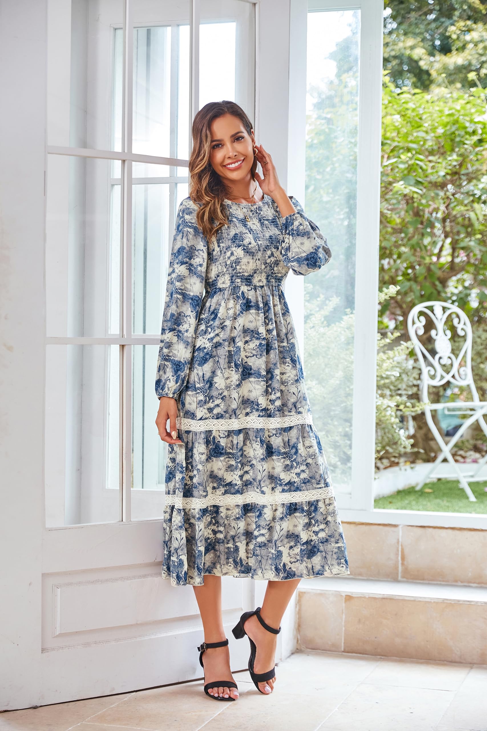 VintageClothing Womens Casual Fall Dresses Long Sleeve Smocked Crewneck High Waist Flowy Tiered Midi Dress with Pockets - Image 4