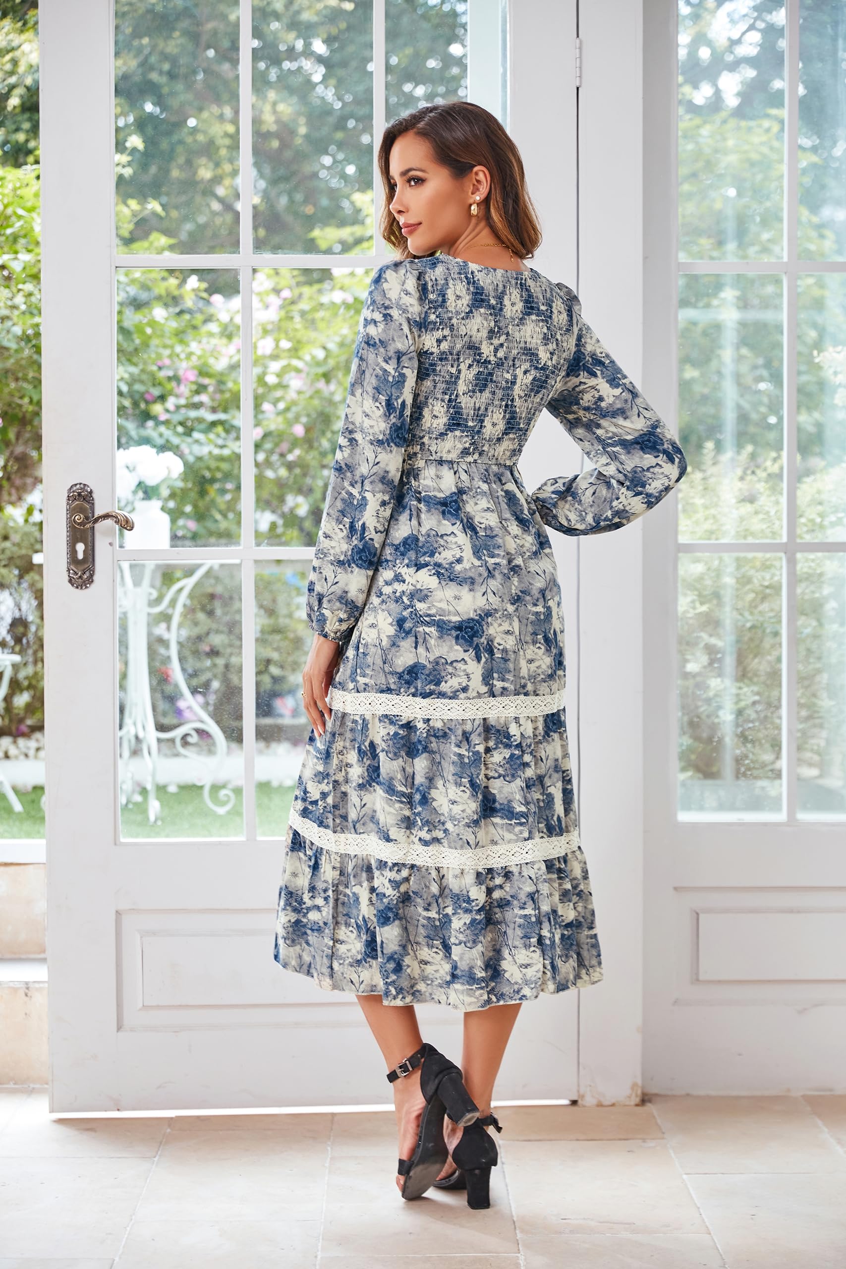 VintageClothing Womens Casual Fall Dresses Long Sleeve Smocked Crewneck High Waist Flowy Tiered Midi Dress with Pockets - Image 6