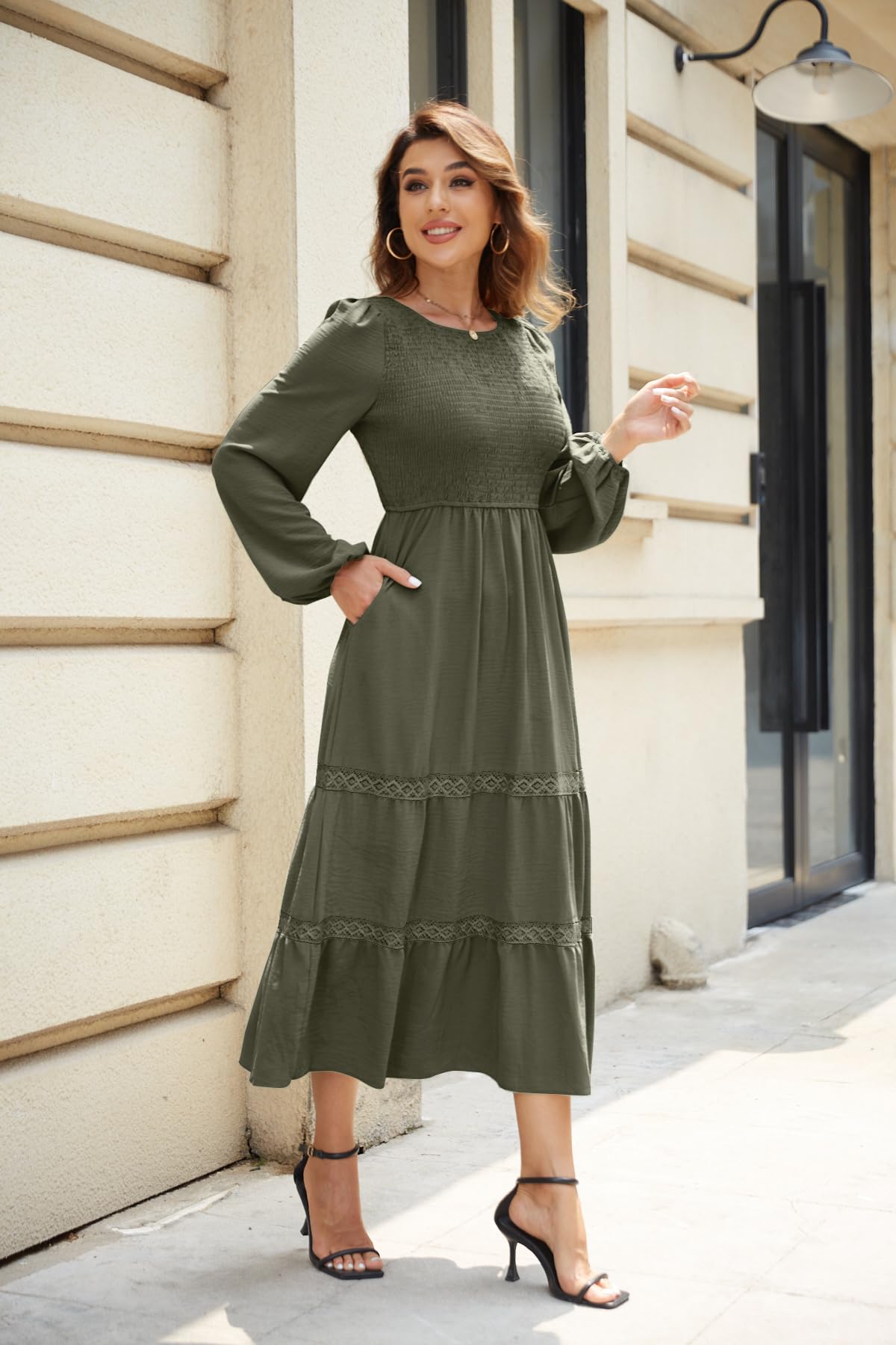VintageClothing Womens Casual Fall Dresses Long Sleeve Smocked Crewneck High Waist Flowy Tiered Midi Dress with Pockets - Image 6