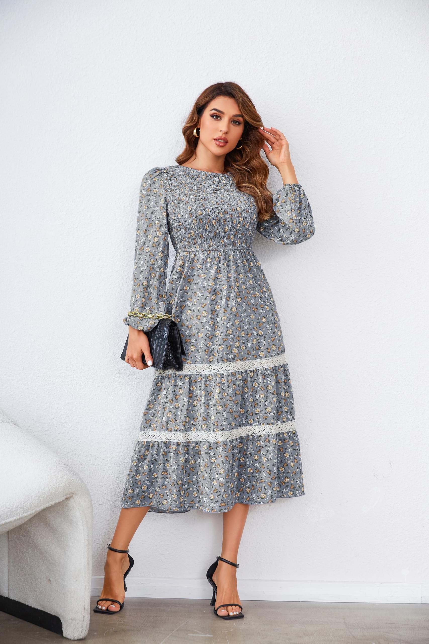 VintageClothing Womens Casual Fall Dresses Long Sleeve Smocked Crewneck High Waist Flowy Tiered Midi Dress with Pockets - Image 4