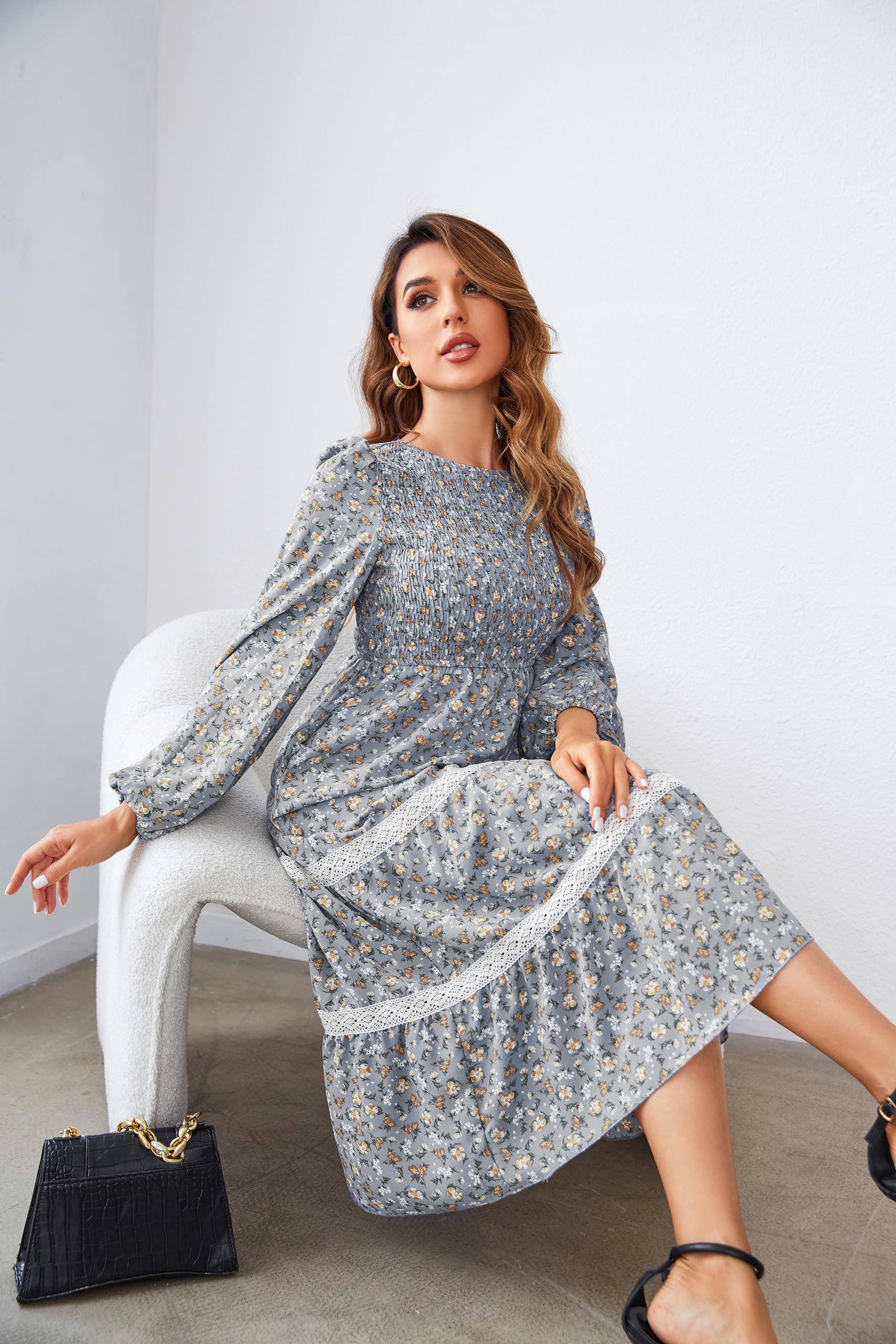 VintageClothing Womens Casual Fall Dresses Long Sleeve Smocked Crewneck High Waist Flowy Tiered Midi Dress with Pockets - Image 5