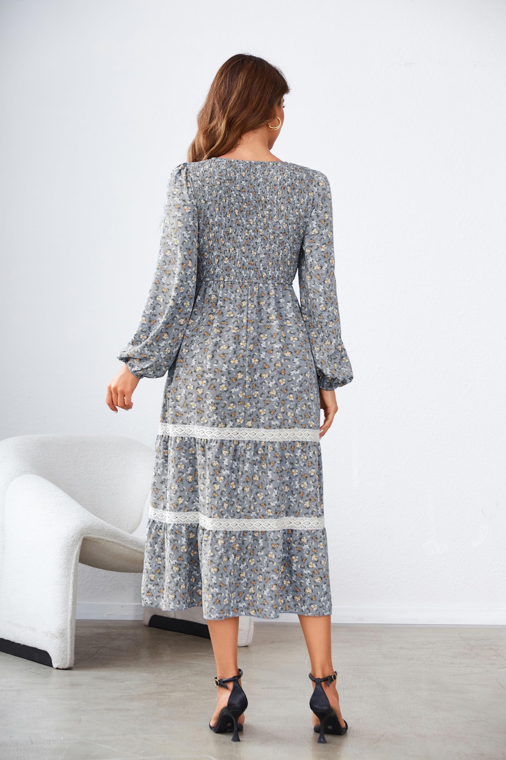 VintageClothing Womens Casual Fall Dresses Long Sleeve Smocked Crewneck High Waist Flowy Tiered Midi Dress with Pockets - Image 6