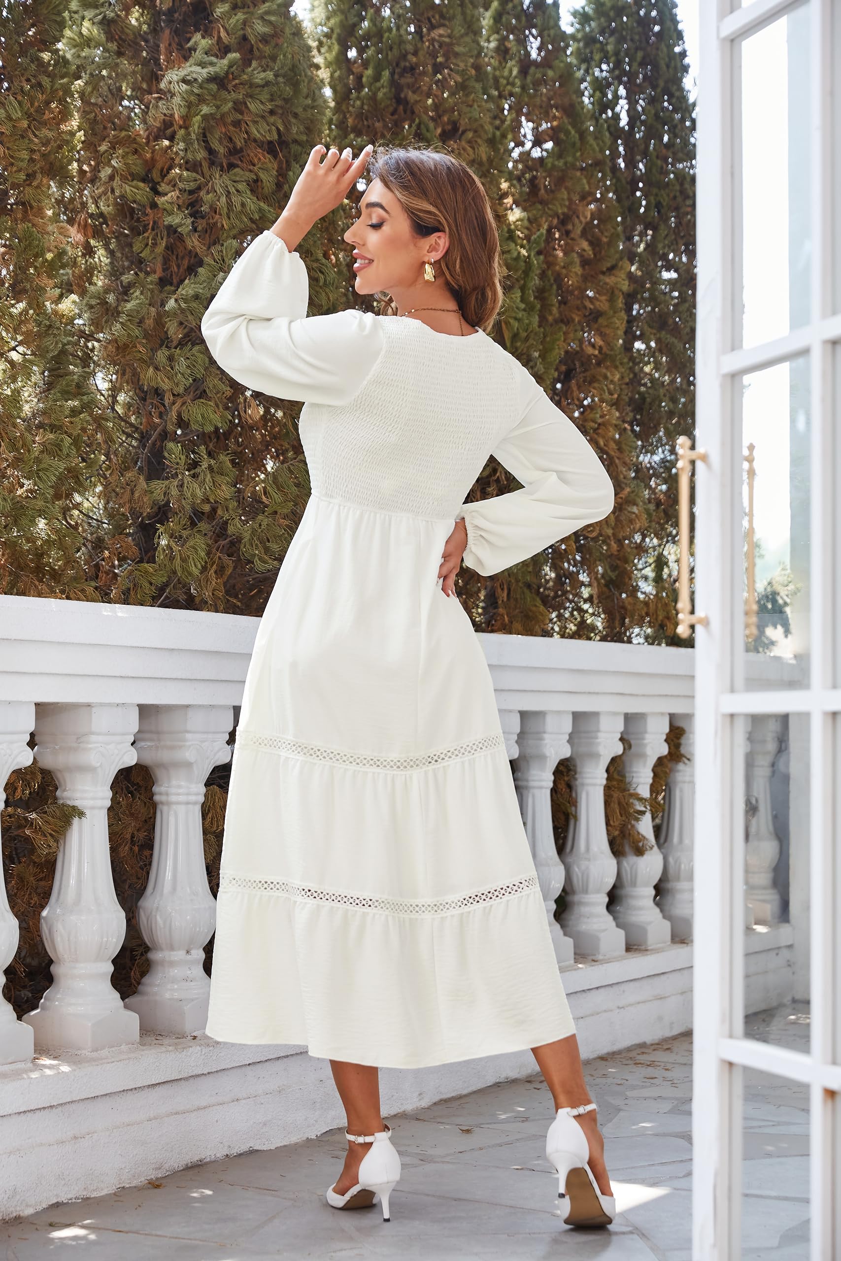 VintageClothing Womens Casual Fall Dresses Long Sleeve Smocked Crewneck High Waist Flowy Tiered Midi Dress with Pockets - Image 6