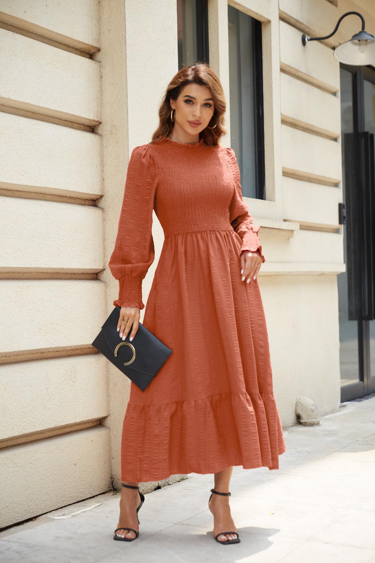 VintageClothing Womens Casual Fall Midi Dresses Long Sleeve Crew Neck High Waist Smocked Flowy Tiered Long Dress with Pockets - Image 3