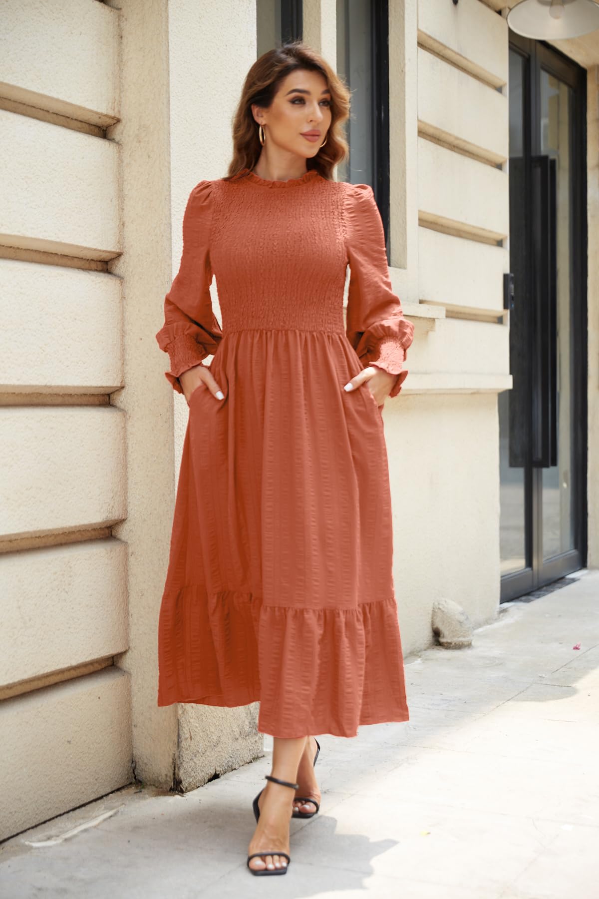 VintageClothing Womens Casual Fall Midi Dresses Long Sleeve Crew Neck High Waist Smocked Flowy Tiered Long Dress with Pockets - Image 4
