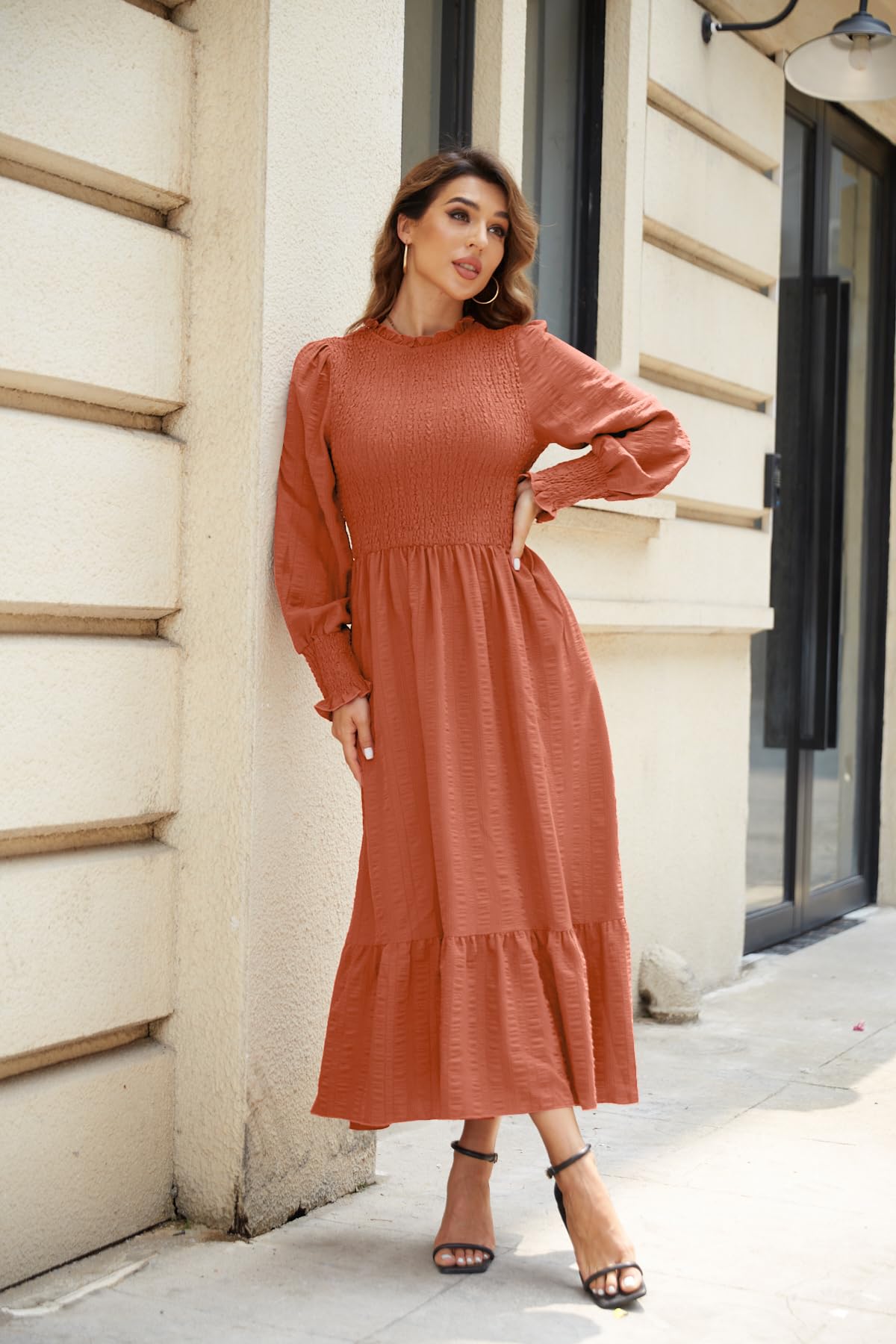 VintageClothing Womens Casual Fall Midi Dresses Long Sleeve Crew Neck High Waist Smocked Flowy Tiered Long Dress with Pockets - Image 5