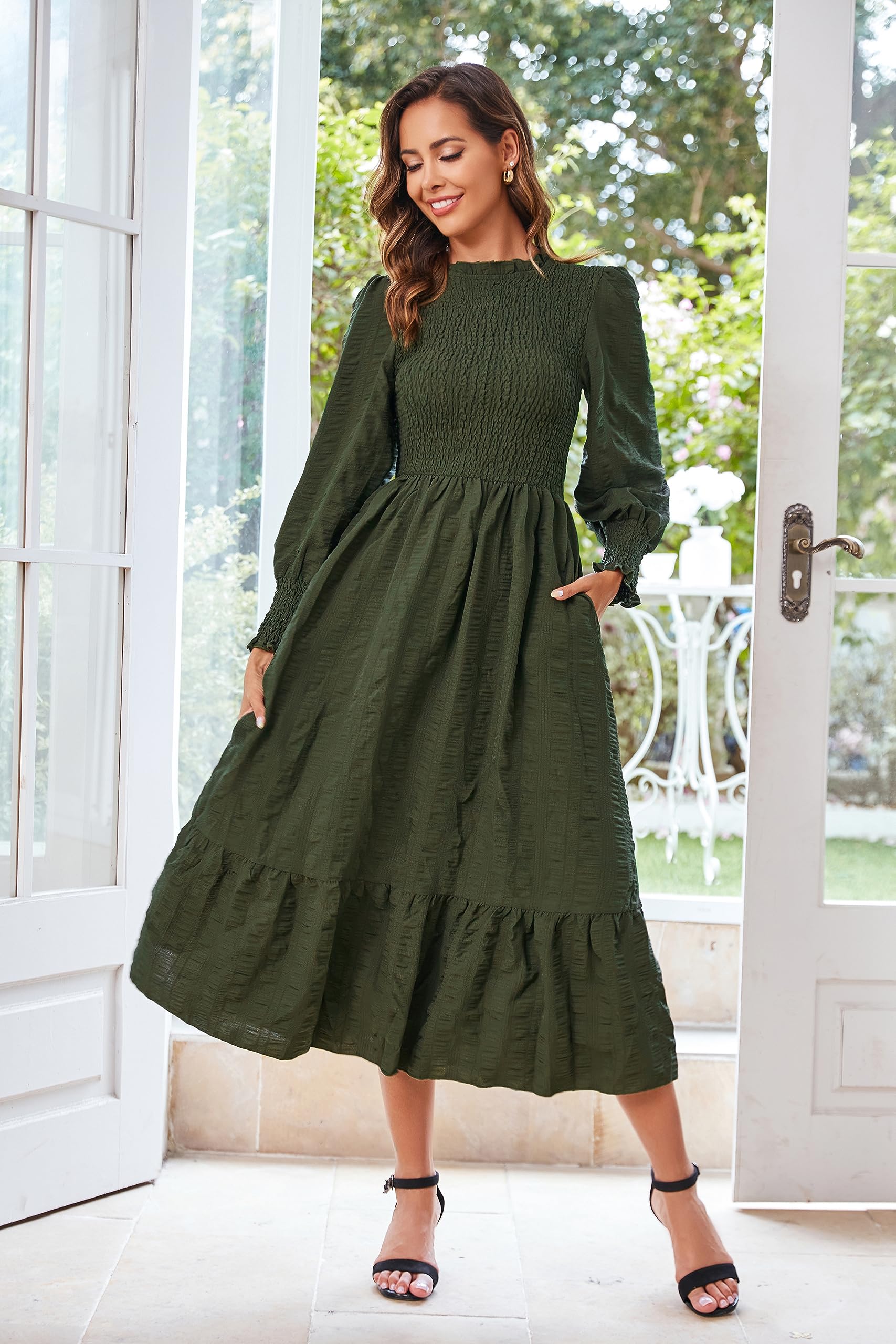 VintageClothing Womens Casual Fall Midi Dresses Long Sleeve Crew Neck High Waist Smocked Flowy Tiered Long Dress with Pockets - Image 3