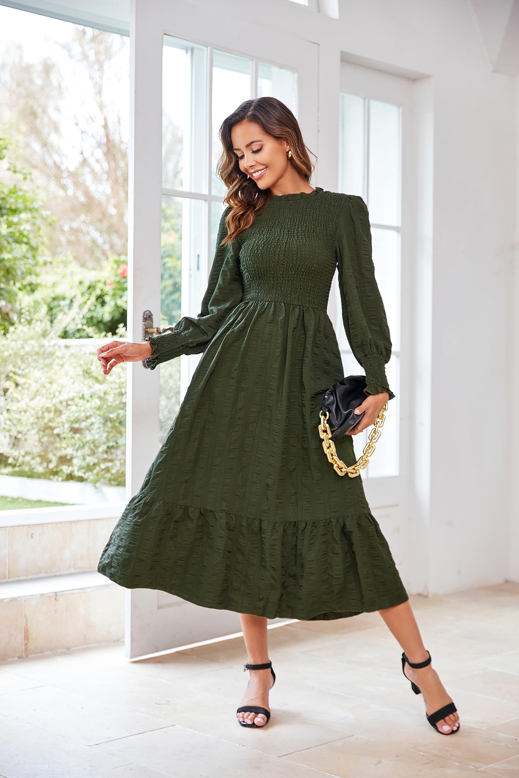 VintageClothing Womens Casual Fall Midi Dresses Long Sleeve Crew Neck High Waist Smocked Flowy Tiered Long Dress with Pockets - Image 5