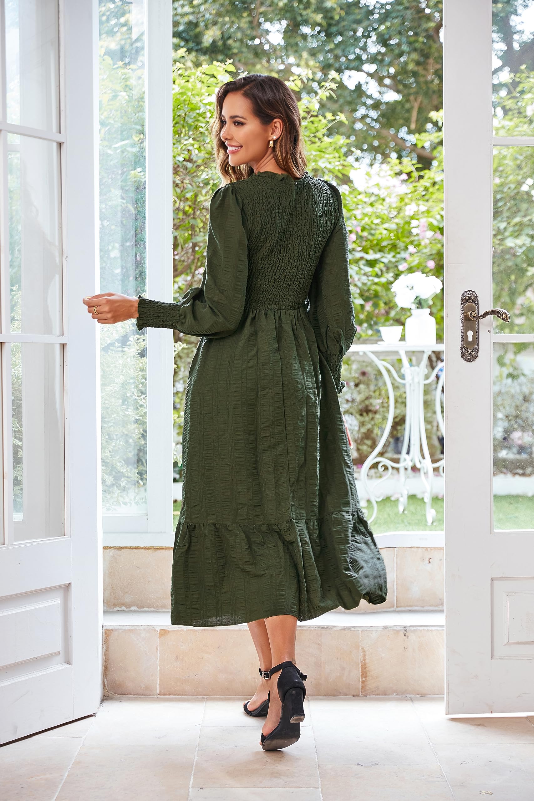 VintageClothing Womens Casual Fall Midi Dresses Long Sleeve Crew Neck High Waist Smocked Flowy Tiered Long Dress with Pockets - Image 6