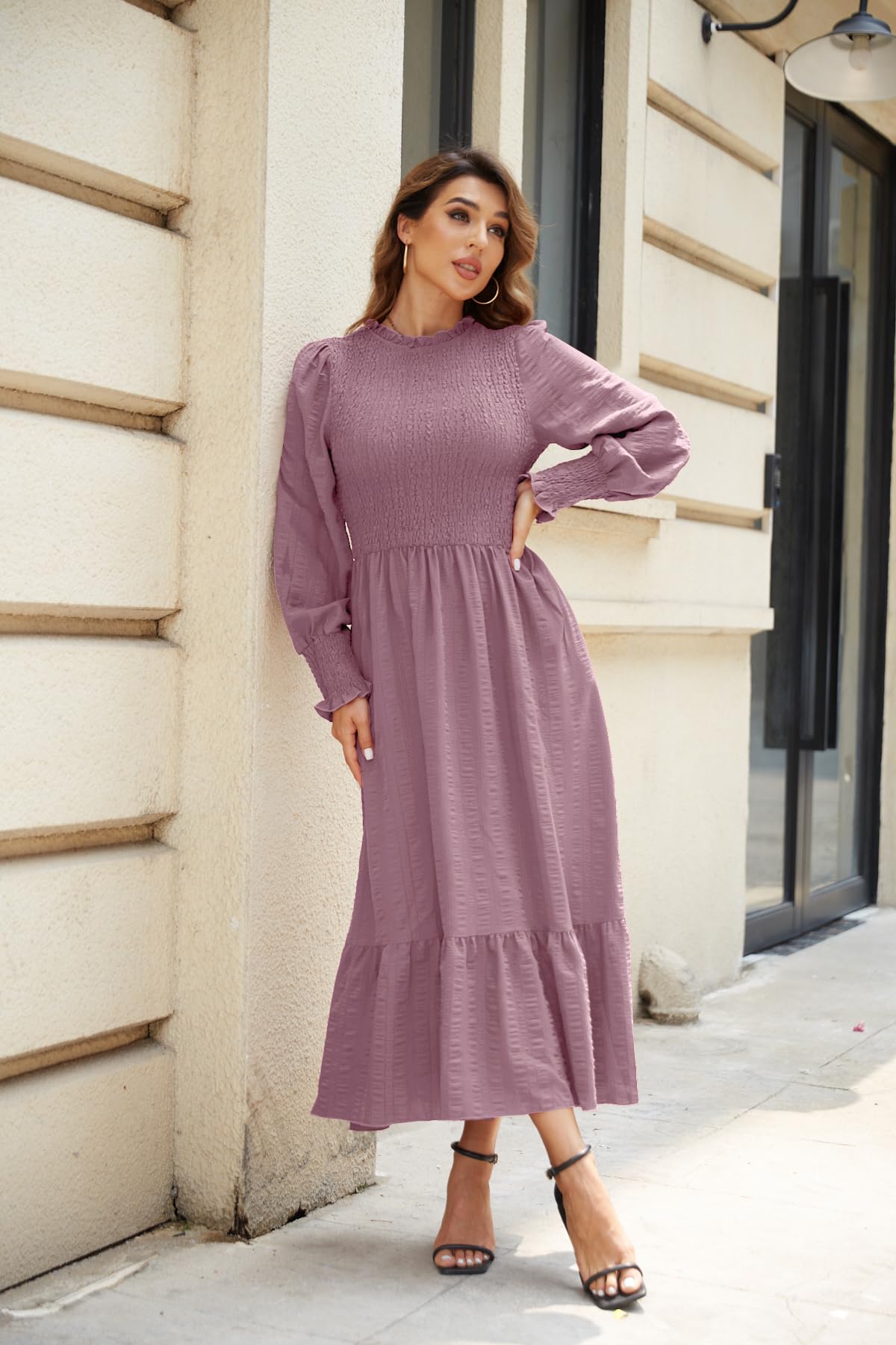 VintageClothing Womens Casual Fall Midi Dresses Long Sleeve Crew Neck High Waist Smocked Flowy Tiered Long Dress with Pockets - Image 3