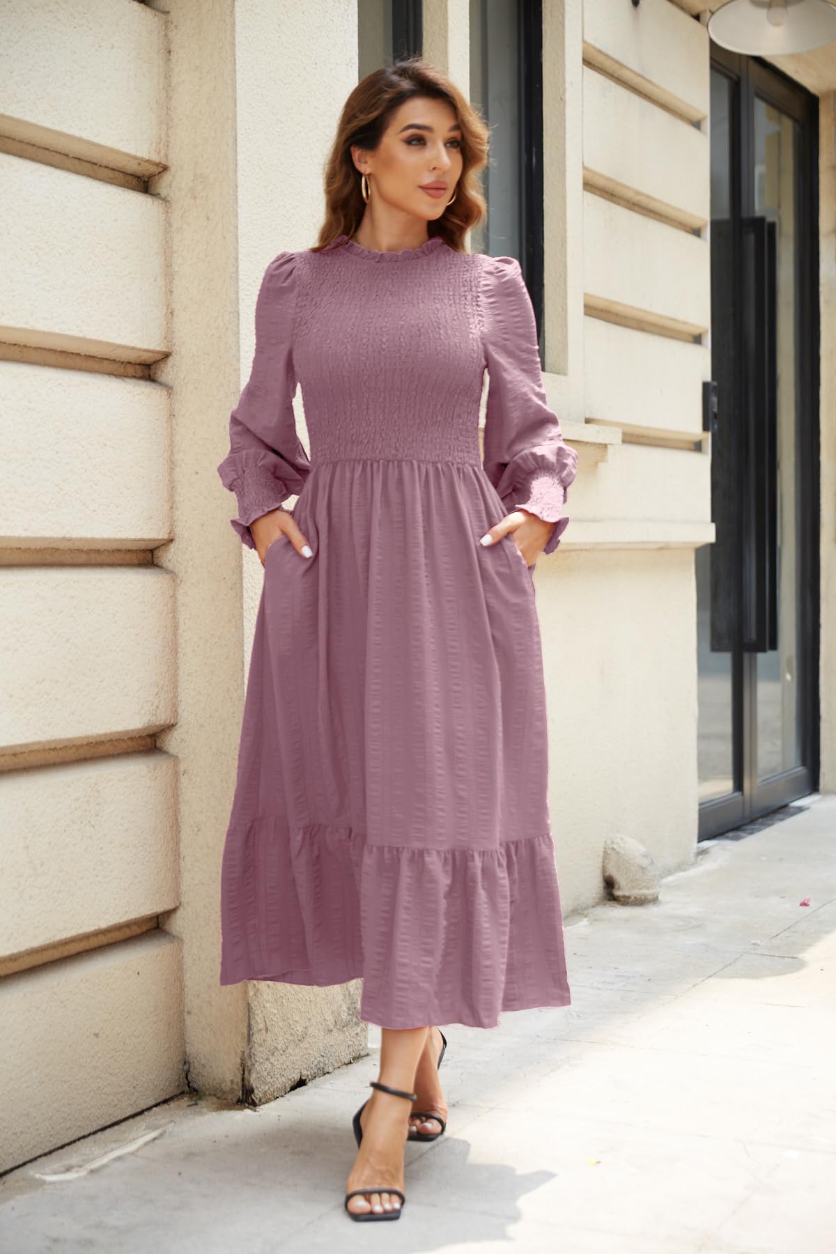 VintageClothing Womens Casual Fall Midi Dresses Long Sleeve Crew Neck High Waist Smocked Flowy Tiered Long Dress with Pockets - Image 4