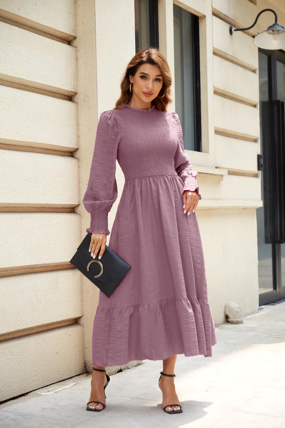 VintageClothing Womens Casual Fall Midi Dresses Long Sleeve Crew Neck High Waist Smocked Flowy Tiered Long Dress with Pockets - Image 5