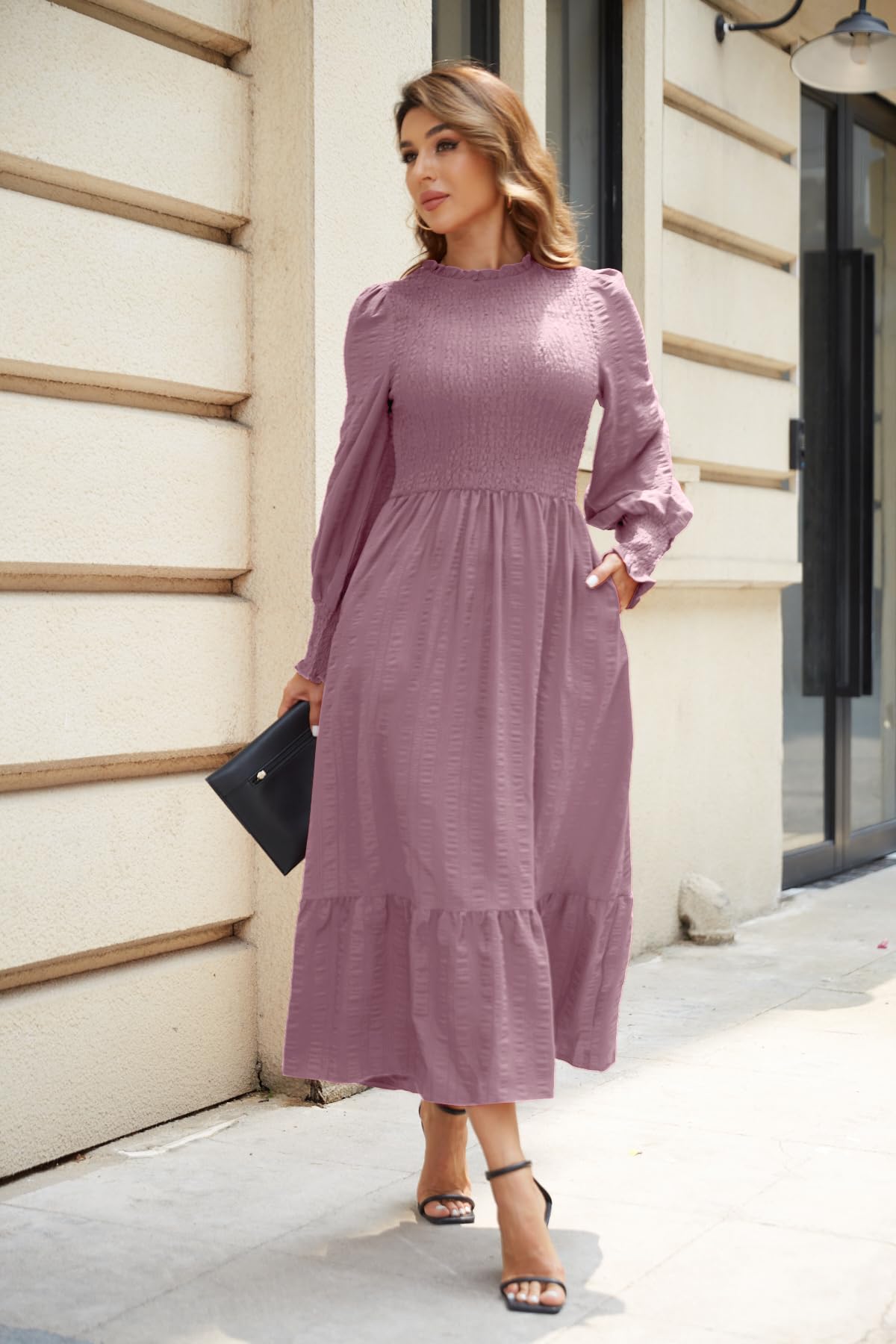 VintageClothing Womens Casual Fall Midi Dresses Long Sleeve Crew Neck High Waist Smocked Flowy Tiered Long Dress with Pockets - Image 6