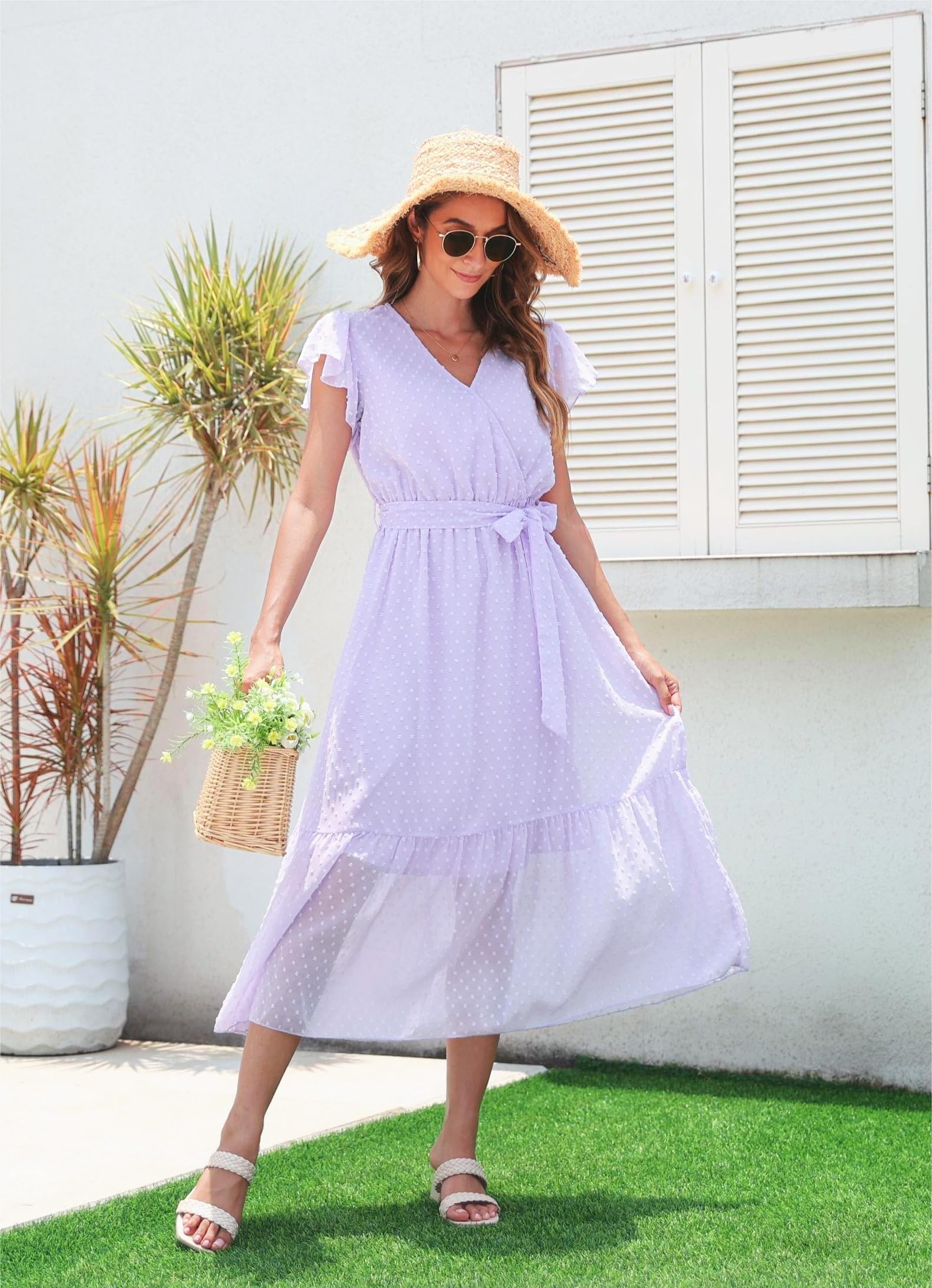 VintageClothing Womens Sundress Casual Floral Summer Boho Dress Flowy Wrap V Neck Ruffle A-Line Pleated Hem Midi Dresses - Image 3