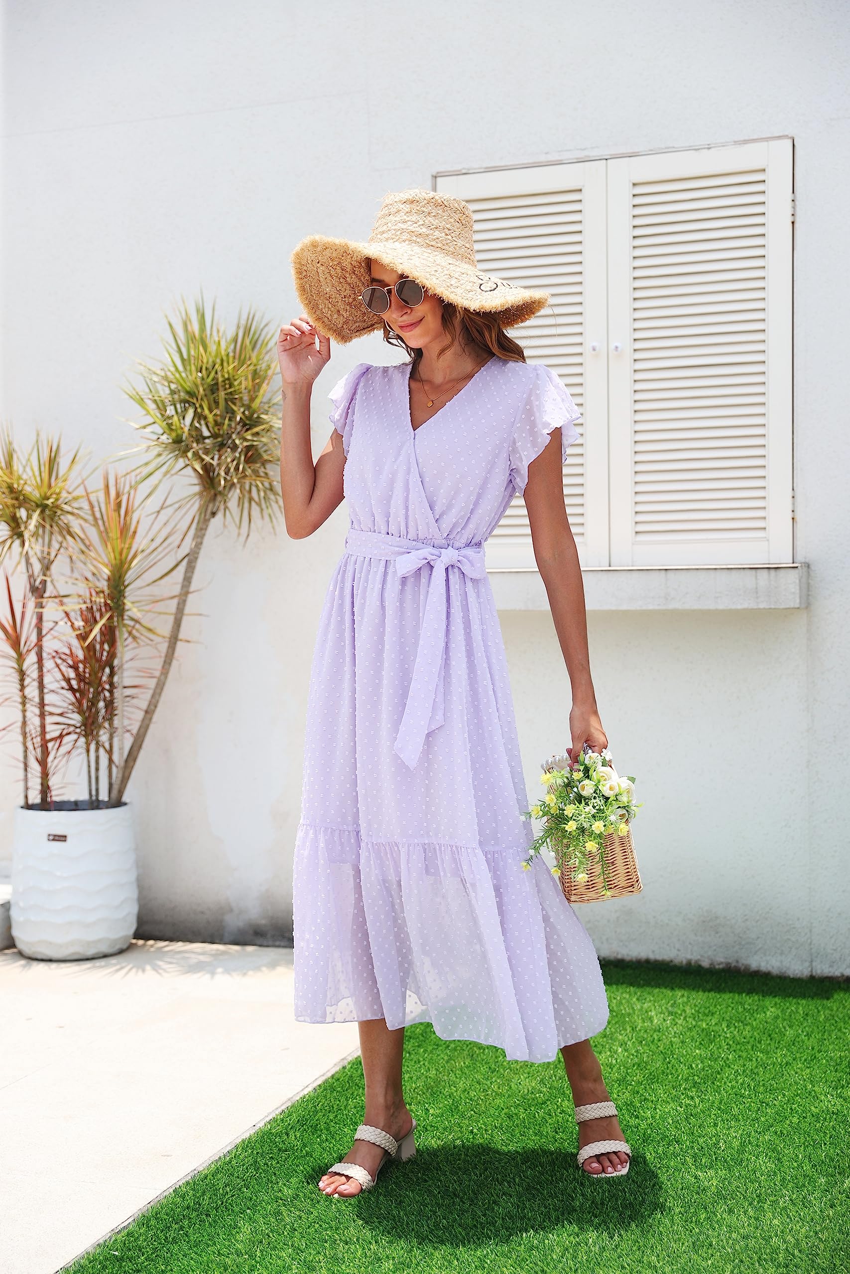 VintageClothing Womens Sundress Casual Floral Summer Boho Dress Flowy Wrap V Neck Ruffle A-Line Pleated Hem Midi Dresses - Image 5