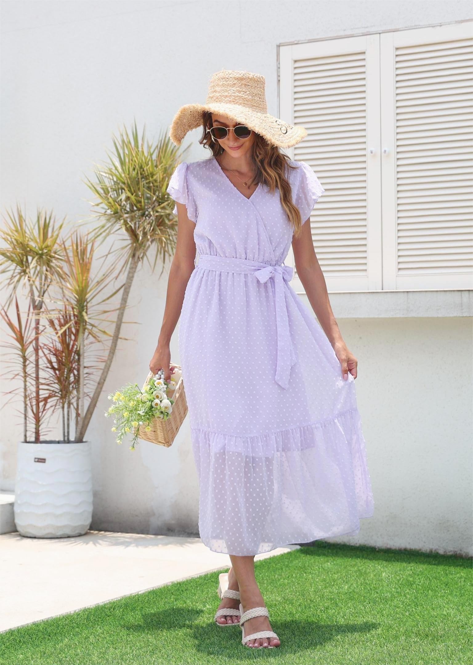 VintageClothing Womens Sundress Casual Floral Summer Boho Dress Flowy Wrap V Neck Ruffle A-Line Pleated Hem Midi Dresses - Image 6