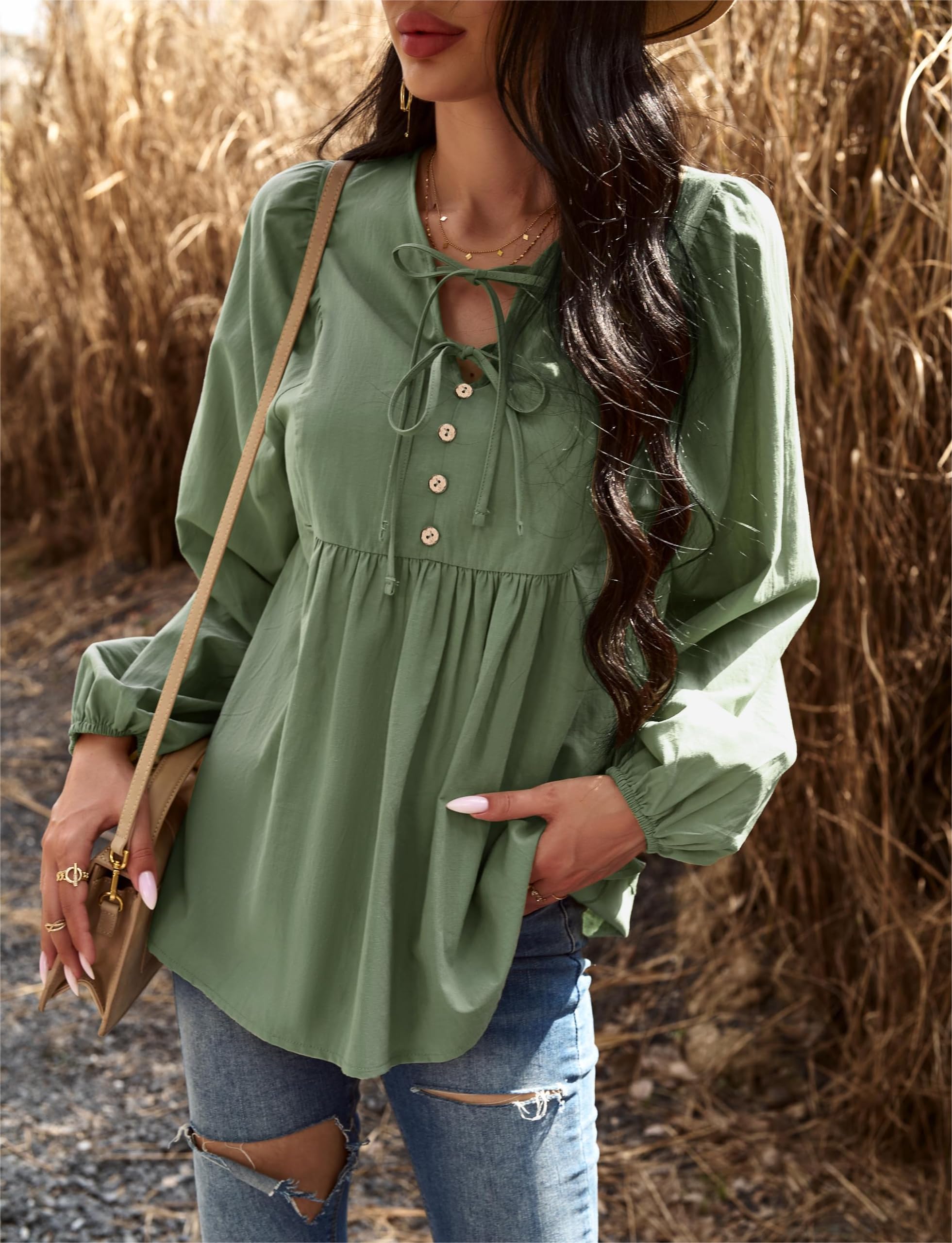 VintageClothing Womens Tunic Blouse Tie V Neck Casual Lantern Sleeve Loose Babydoll Shirt Peplum Tops - Image 3