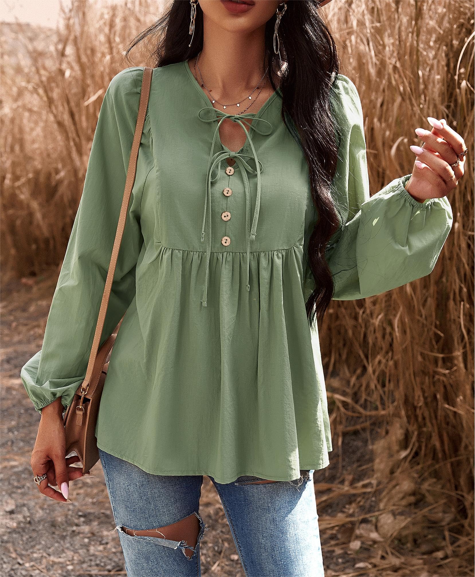 VintageClothing Womens Tunic Blouse Tie V Neck Casual Lantern Sleeve Loose Babydoll Shirt Peplum Tops - Image 4