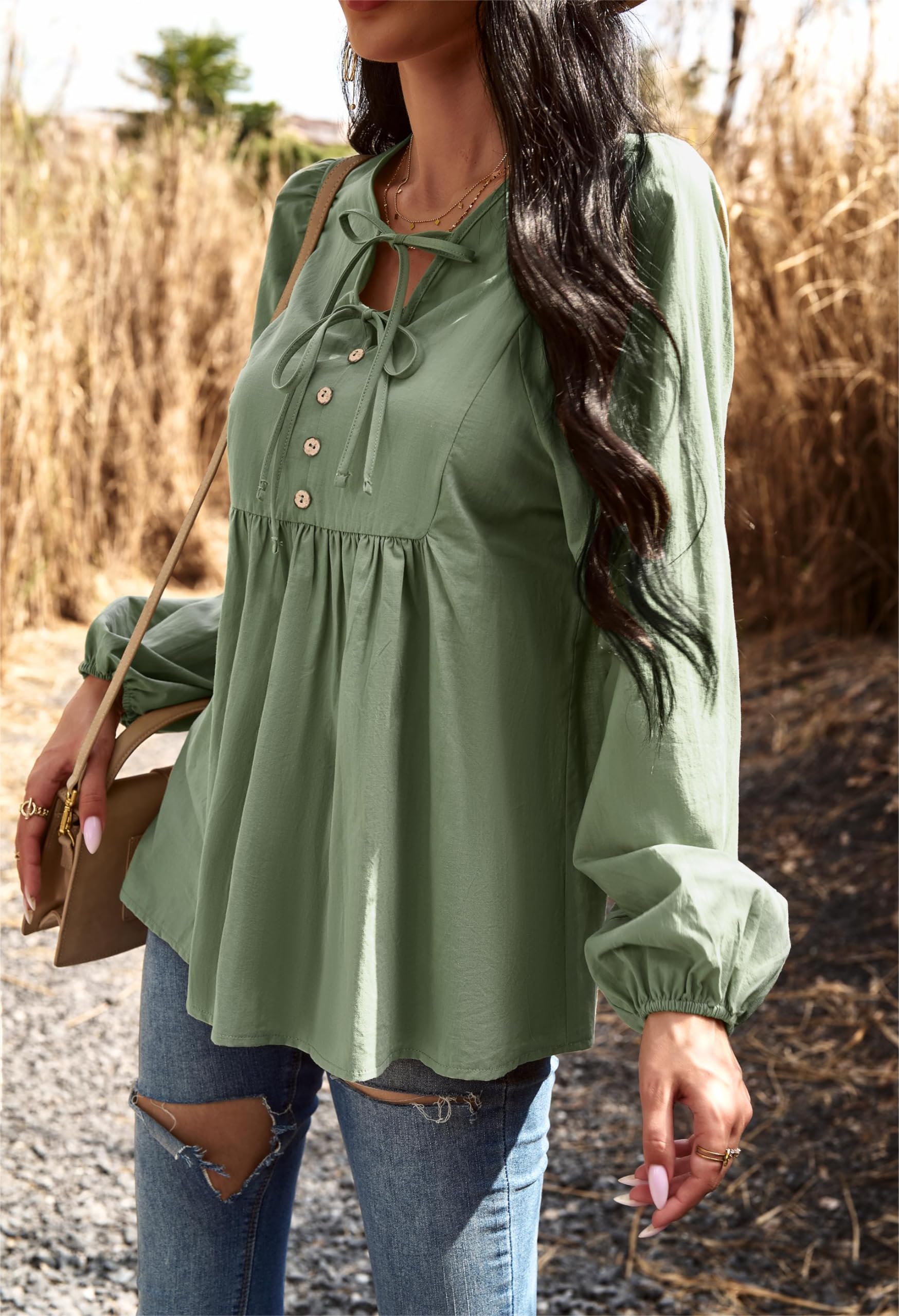 VintageClothing Womens Tunic Blouse Tie V Neck Casual Lantern Sleeve Loose Babydoll Shirt Peplum Tops - Image 5