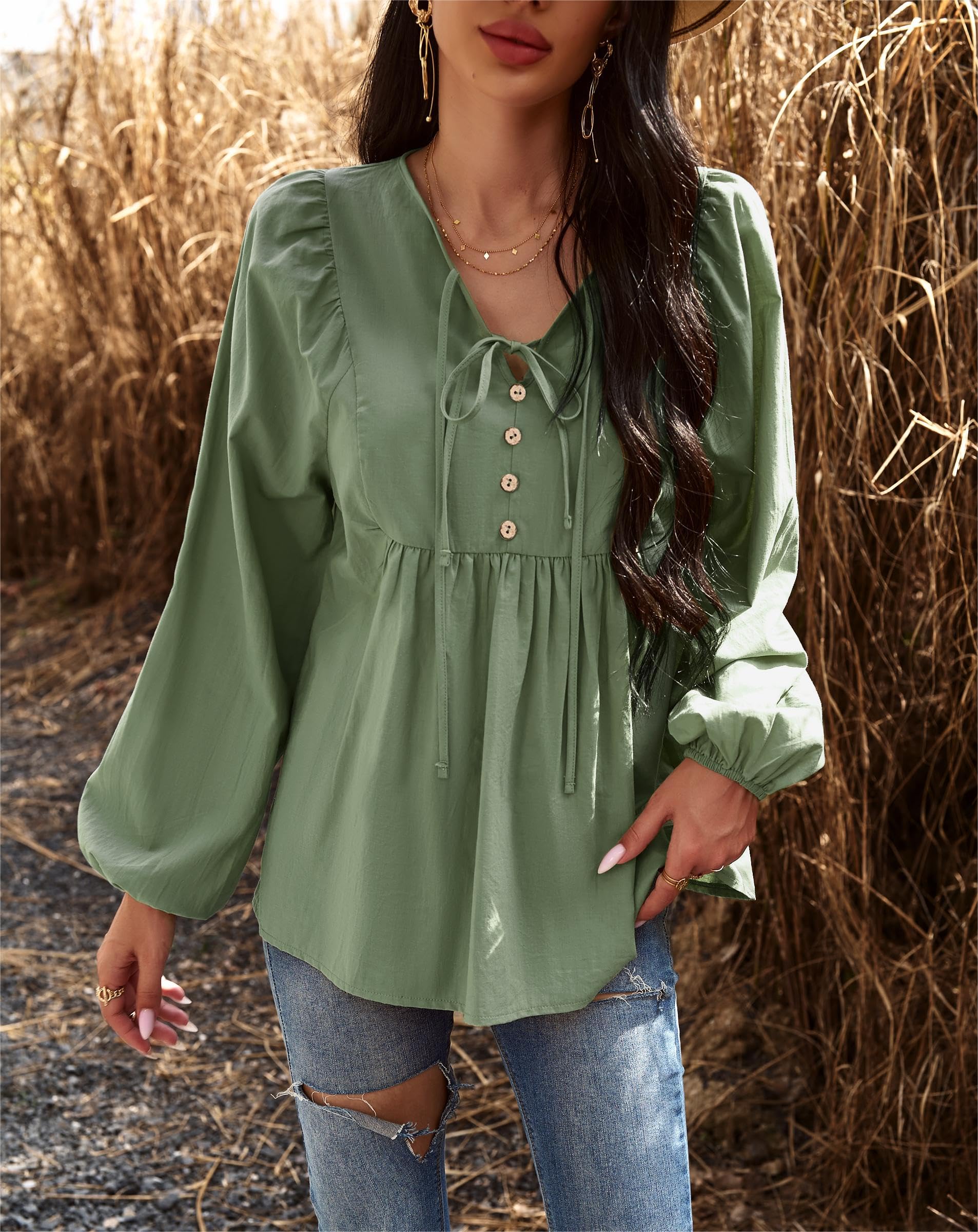 VintageClothing Womens Tunic Blouse Tie V Neck Casual Lantern Sleeve Loose Babydoll Shirt Peplum Tops - Image 6