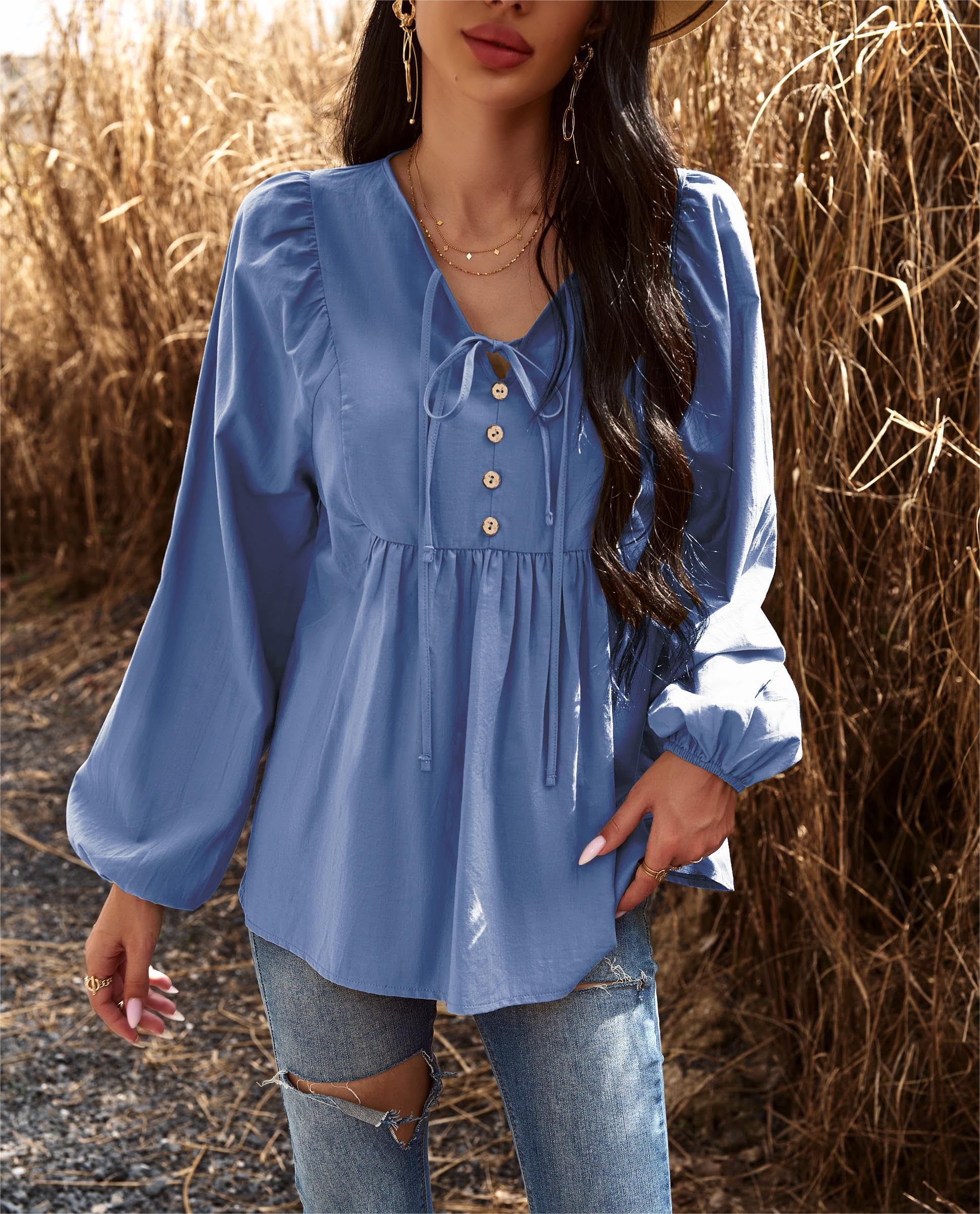 VintageClothing Womens Tunic Blouse Tie V Neck Casual Lantern Sleeve Loose Babydoll Shirt Peplum Tops - Image 3