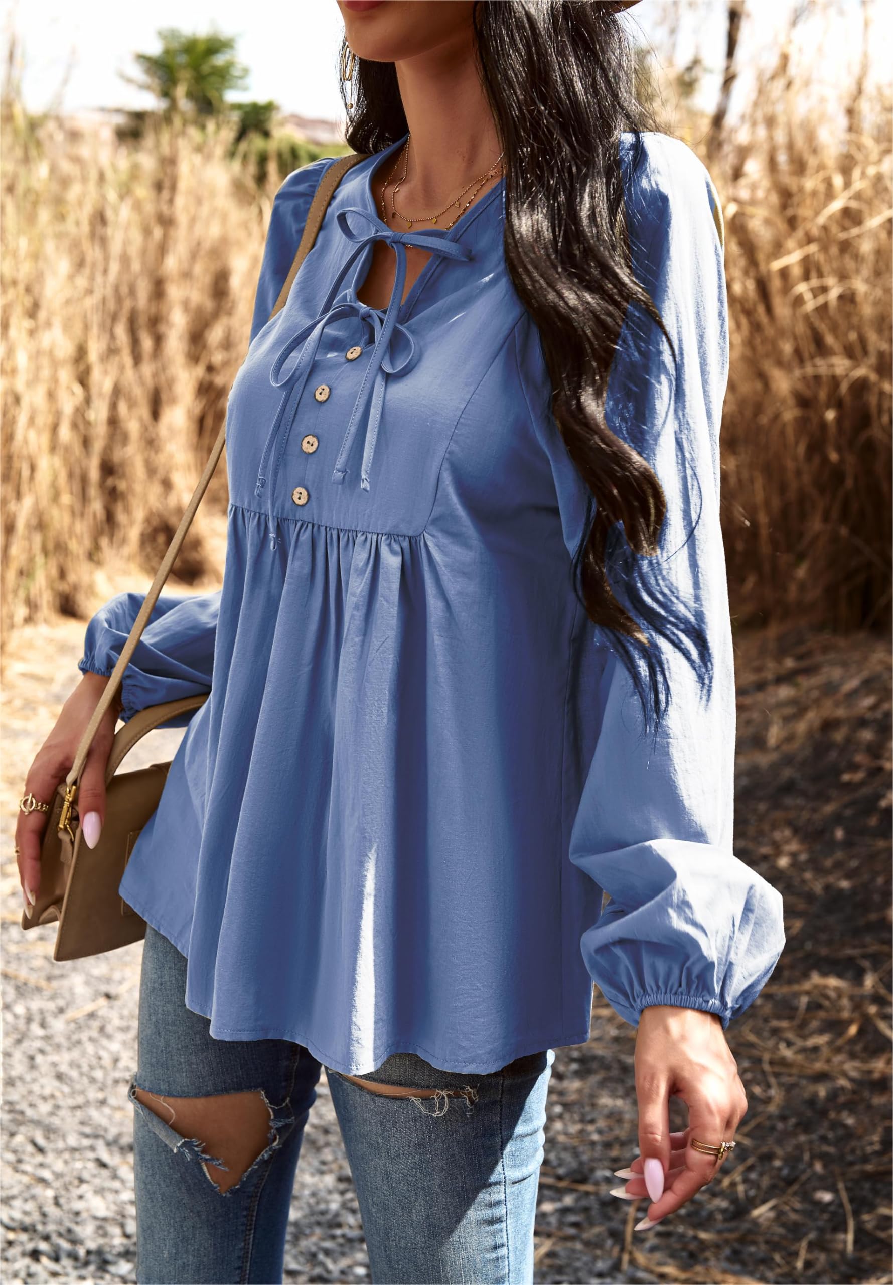 VintageClothing Womens Tunic Blouse Tie V Neck Casual Lantern Sleeve Loose Babydoll Shirt Peplum Tops - Image 4