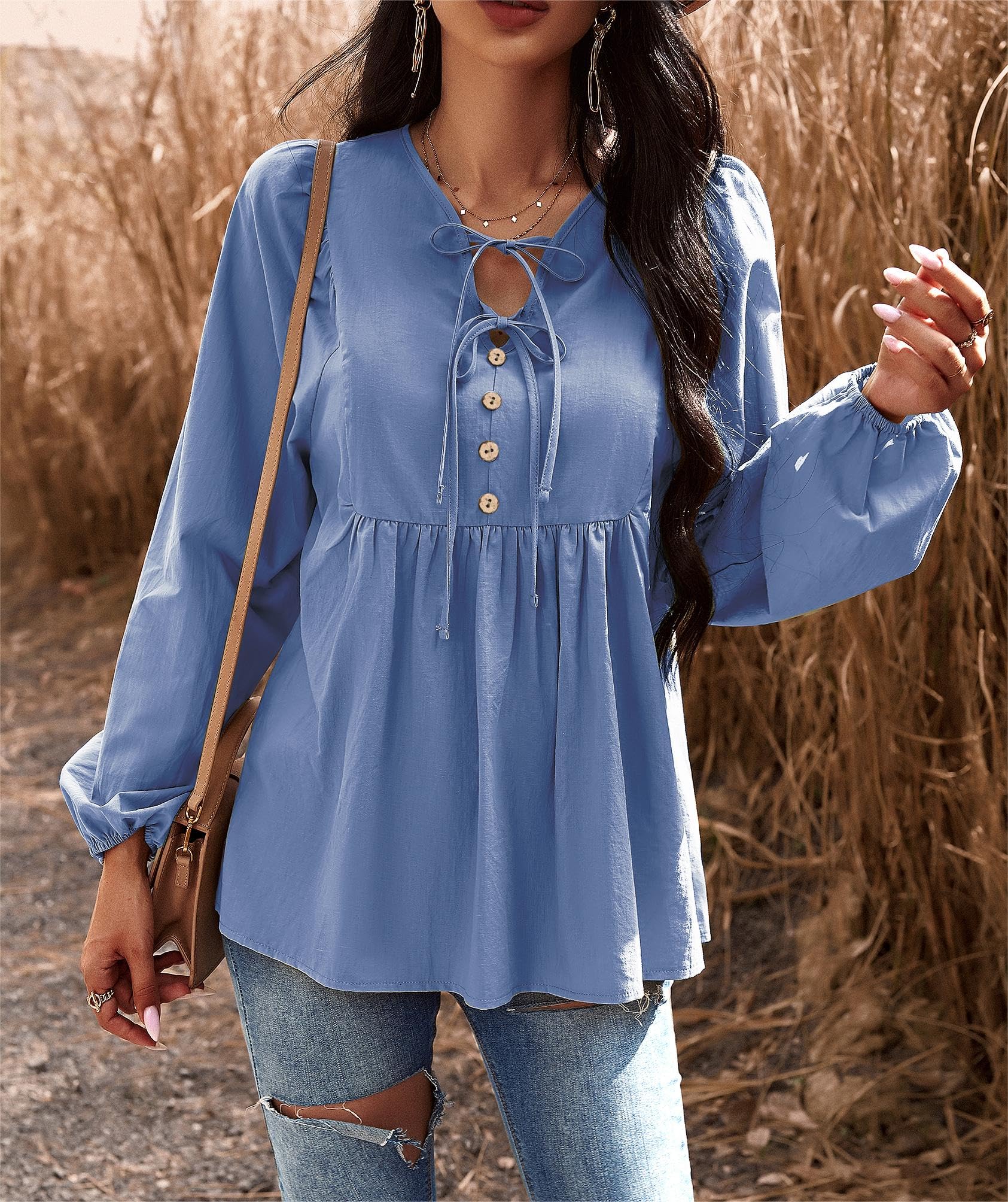 VintageClothing Womens Tunic Blouse Tie V Neck Casual Lantern Sleeve Loose Babydoll Shirt Peplum Tops - Image 5