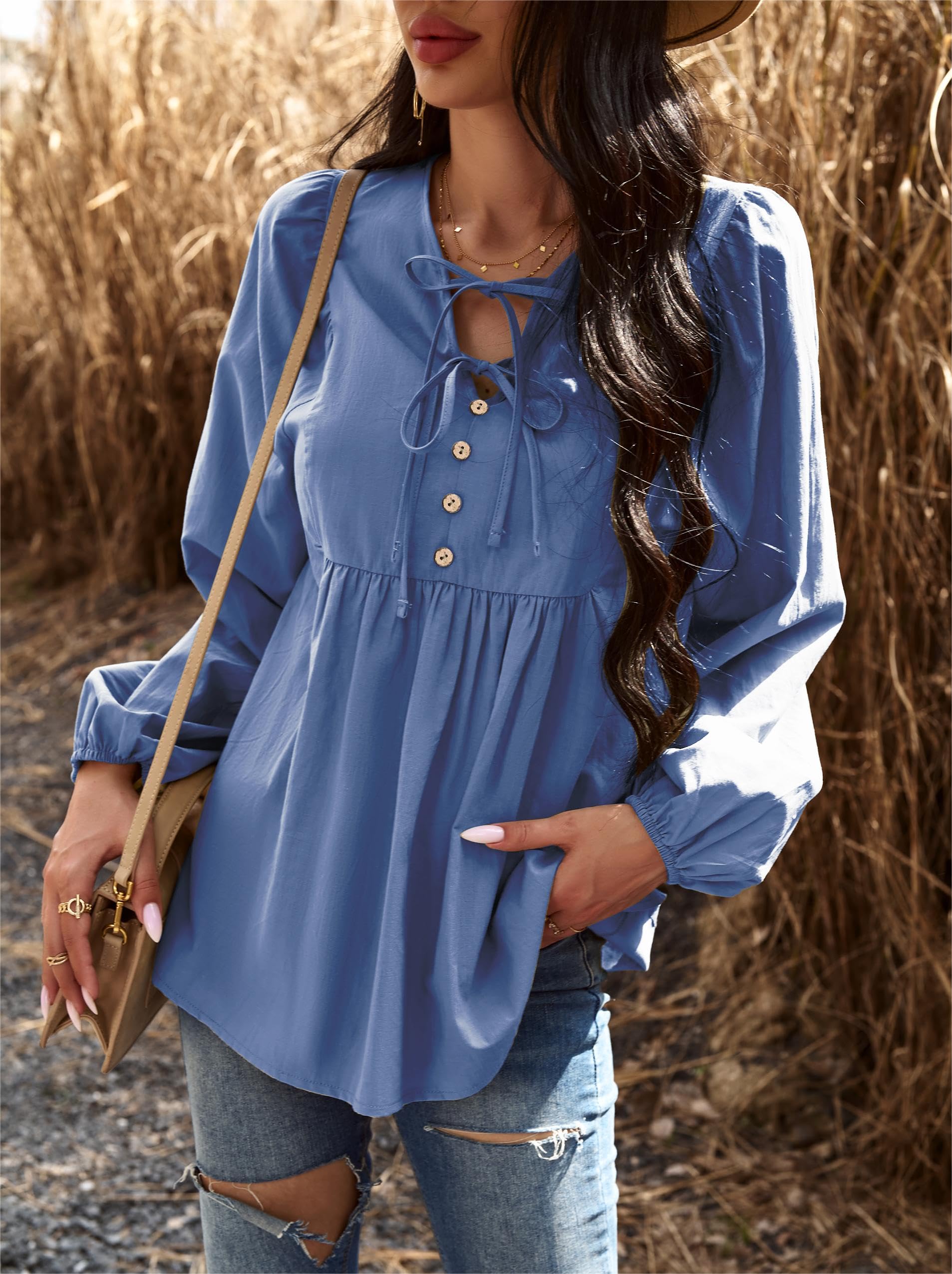 VintageClothing Womens Tunic Blouse Tie V Neck Casual Lantern Sleeve Loose Babydoll Shirt Peplum Tops - Image 6