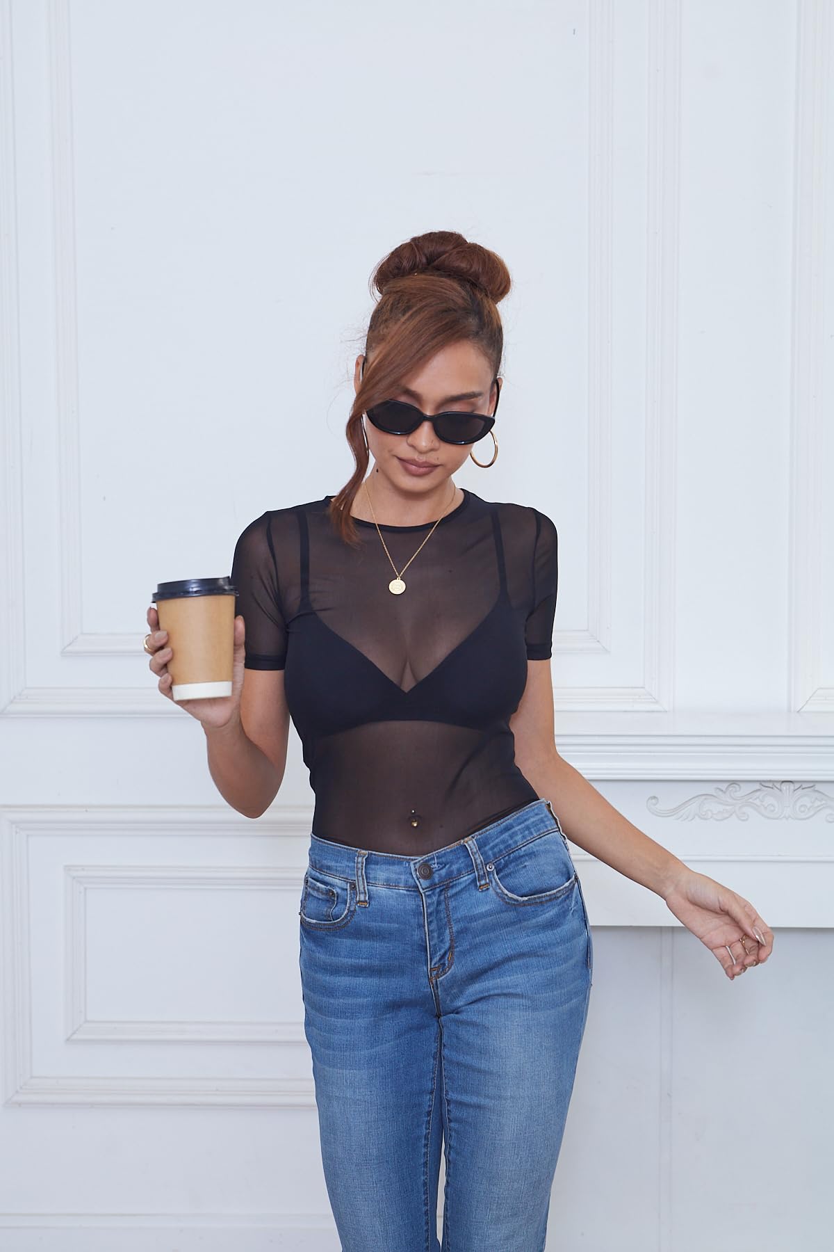 VintageClthing Women's Sheer Mesh Short Sleeve Top Sexy Slim Fit Crew Neck See Through Tee Layering Tops Casual Summer Blouse - Image 4
